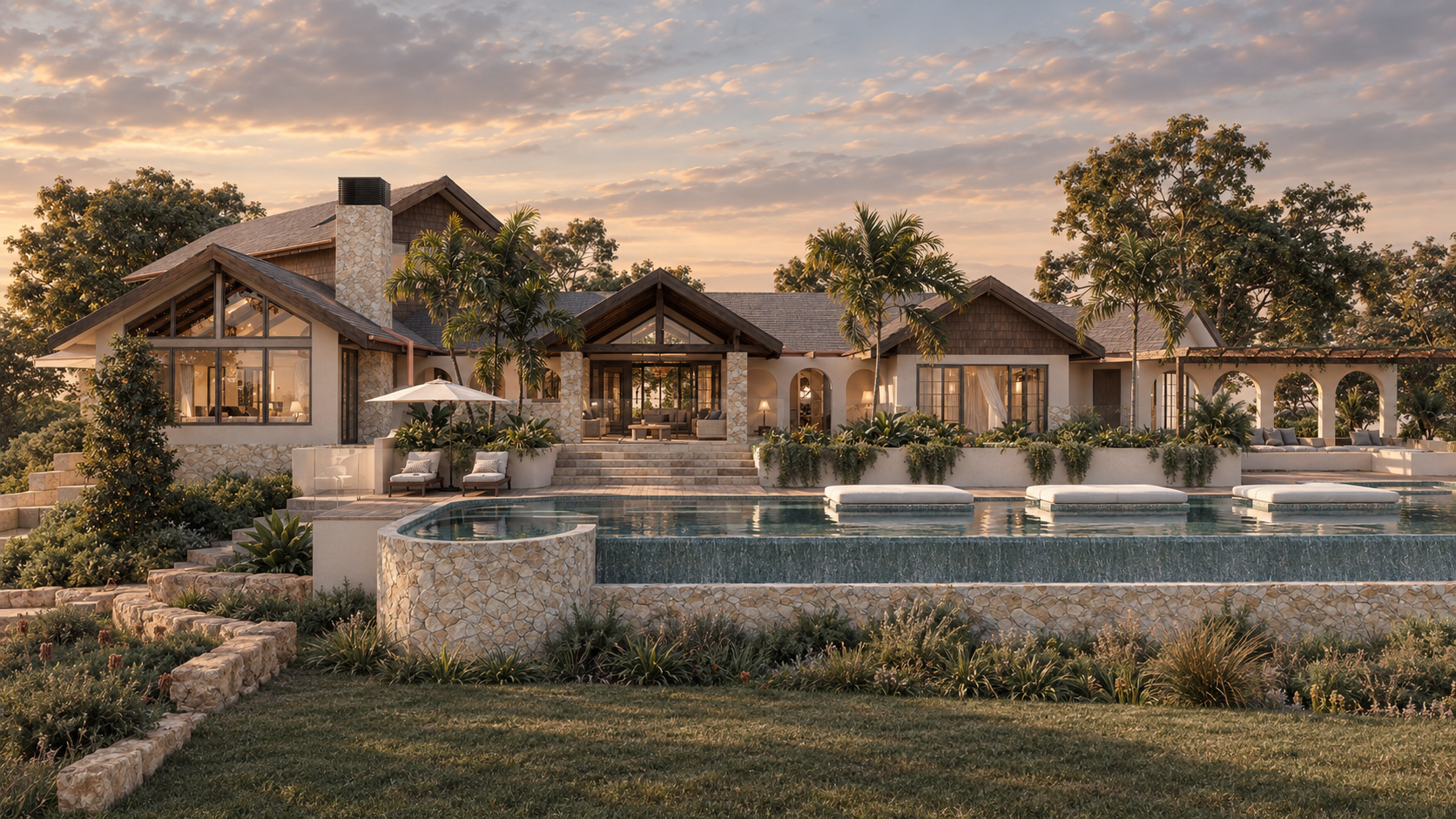 Luxury house with a pool, surrounded by lush landscaping and palm trees, during sunset.