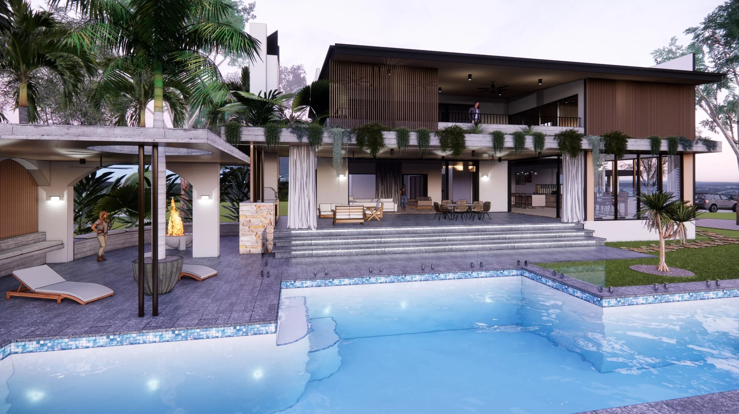 Modern backyard with swimming pool, patio furniture, plants, and a two-story house with outdoor seating areas.