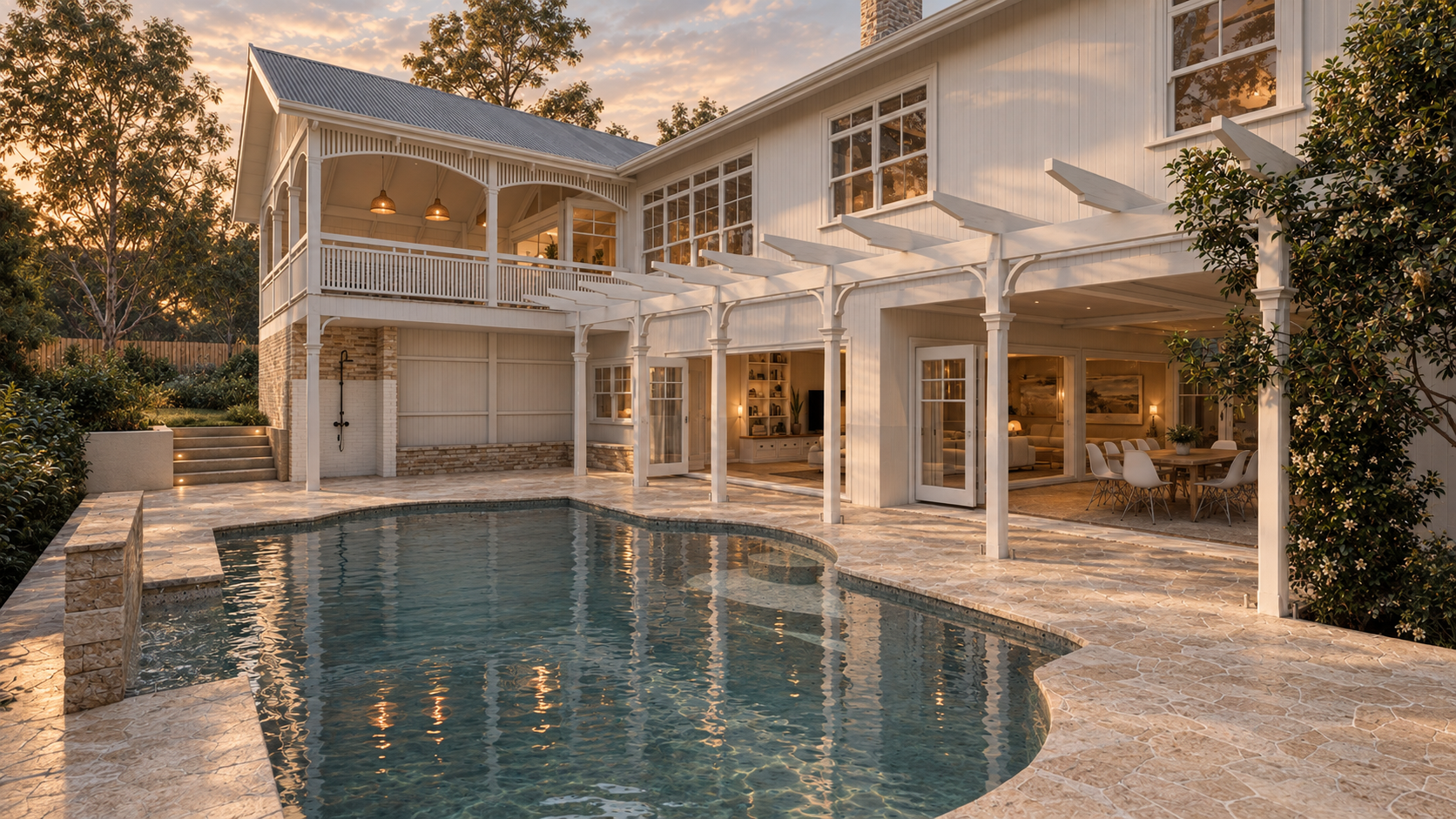 A backyard with a swimming pool, patio, and a two-story house with a balcony at sunset.