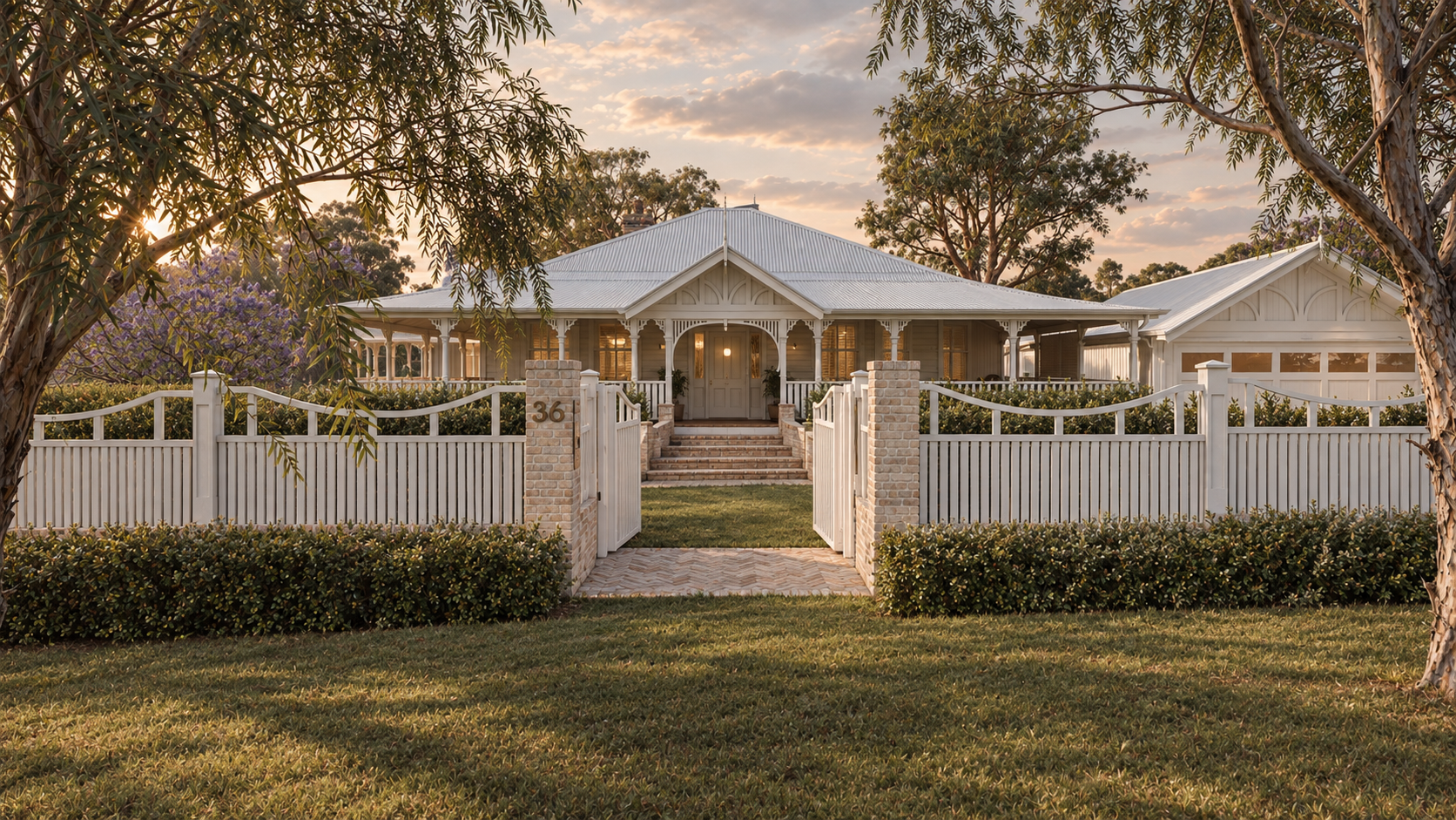 A charming house with a white picket fence, brick pillars, and lush landscaping, set against a sunset sky with trees surrounding the area.