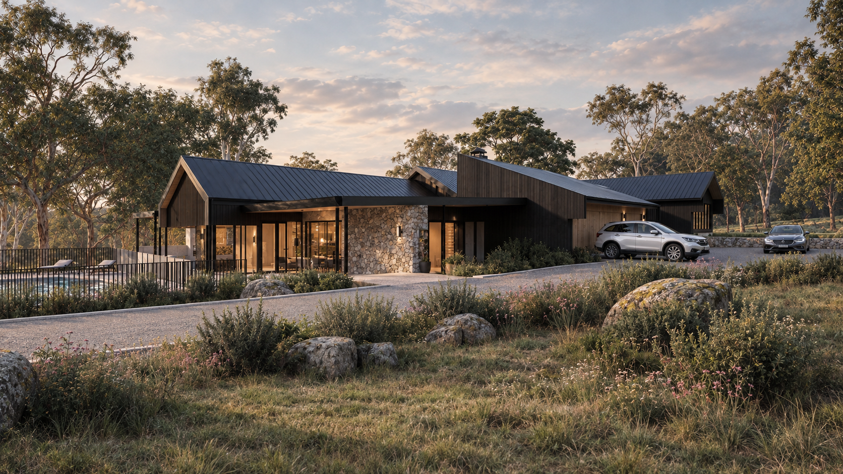 Modern black-roofed countryside home with stone walls, two parked cars, landscaped gardens, and a pool surrounded by eucalyptus trees.