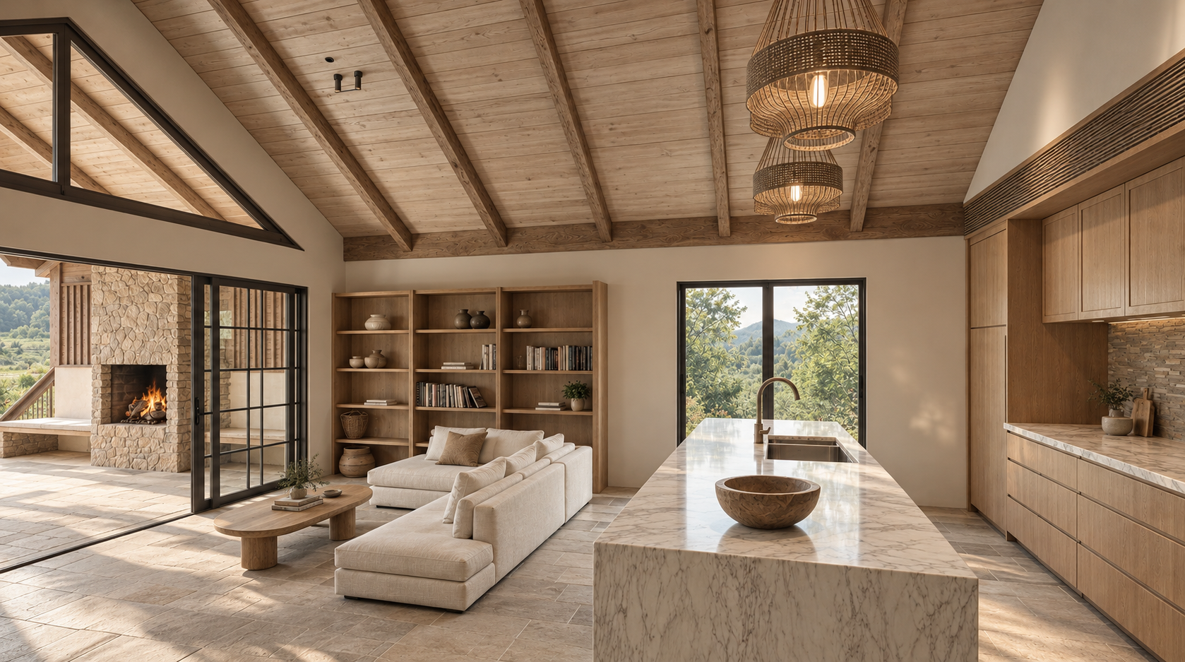 Upscale rustic-modern open-plan kitchen and living room with marble island, wood cabinetry, exposed beams, fireplace, and mountain views