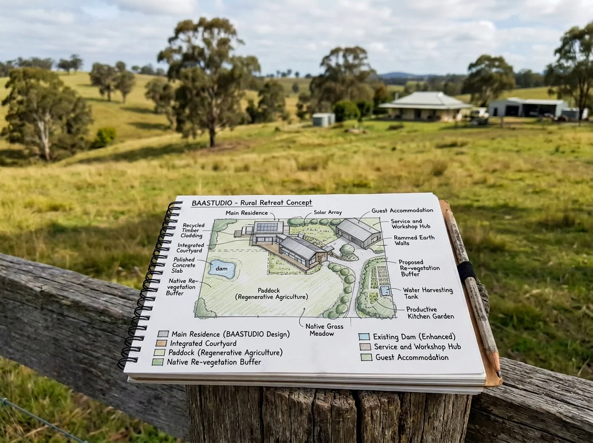 Architectural sketchbook showing a rural retreat concept over a grassy Australian countryside with eucalyptus trees and farm buildings