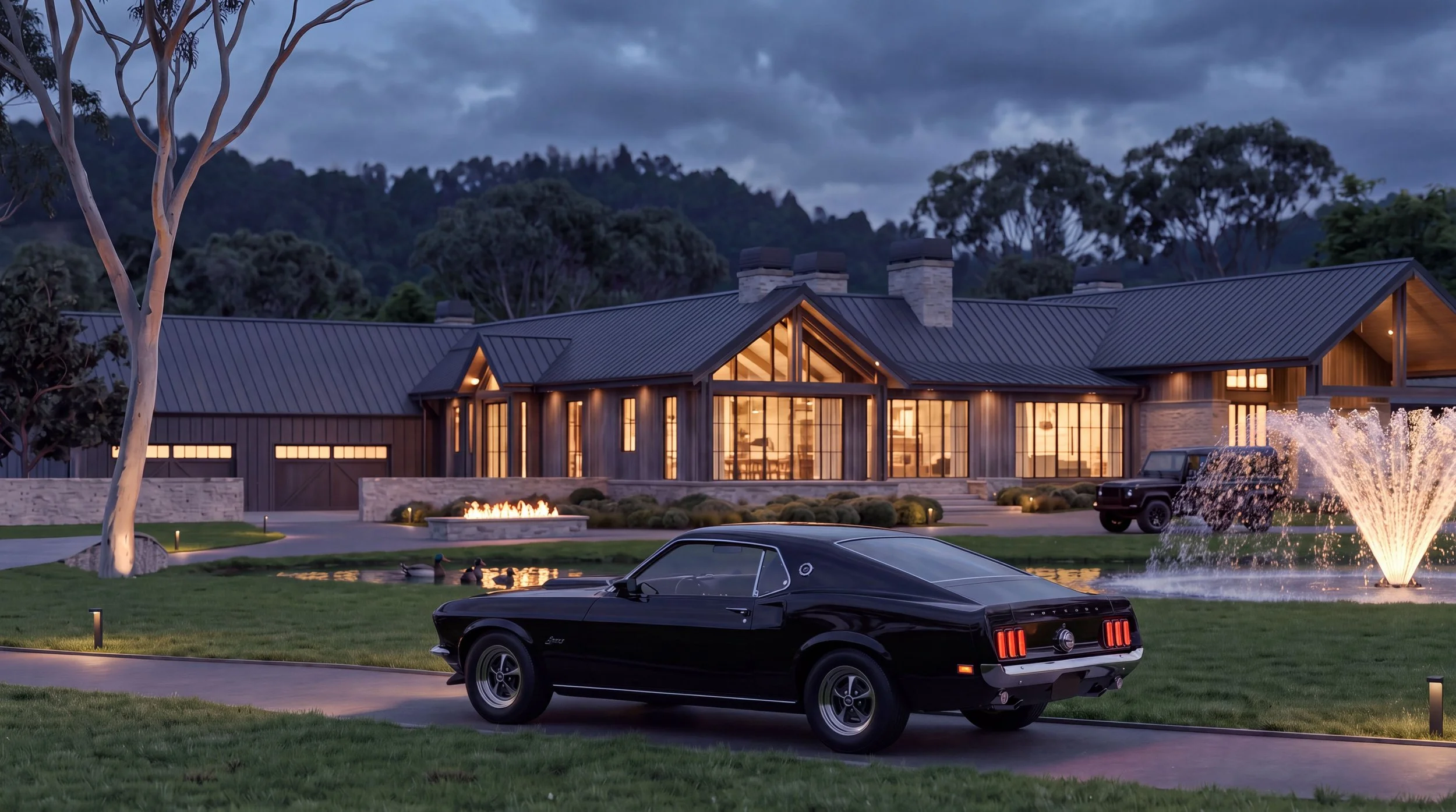 A modern house with large glass windows and a metal roof, illuminated from inside, situated in a lush, green yard during dusk. In front, there is a classic black muscle car parked near a fountain with water spraying upward, and a fire pit with orange