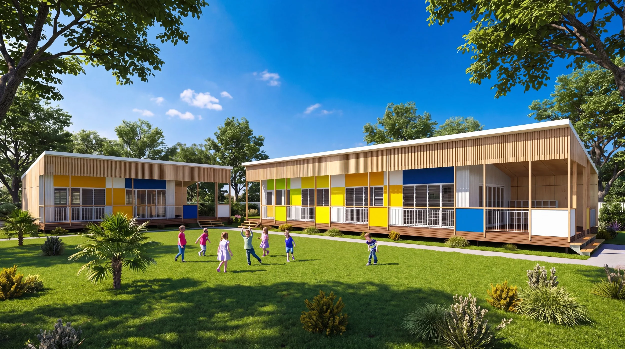 A colorful modern preschool or daycare building with children playing outside on a grassy area under a clear blue sky with trees surrounding the area.