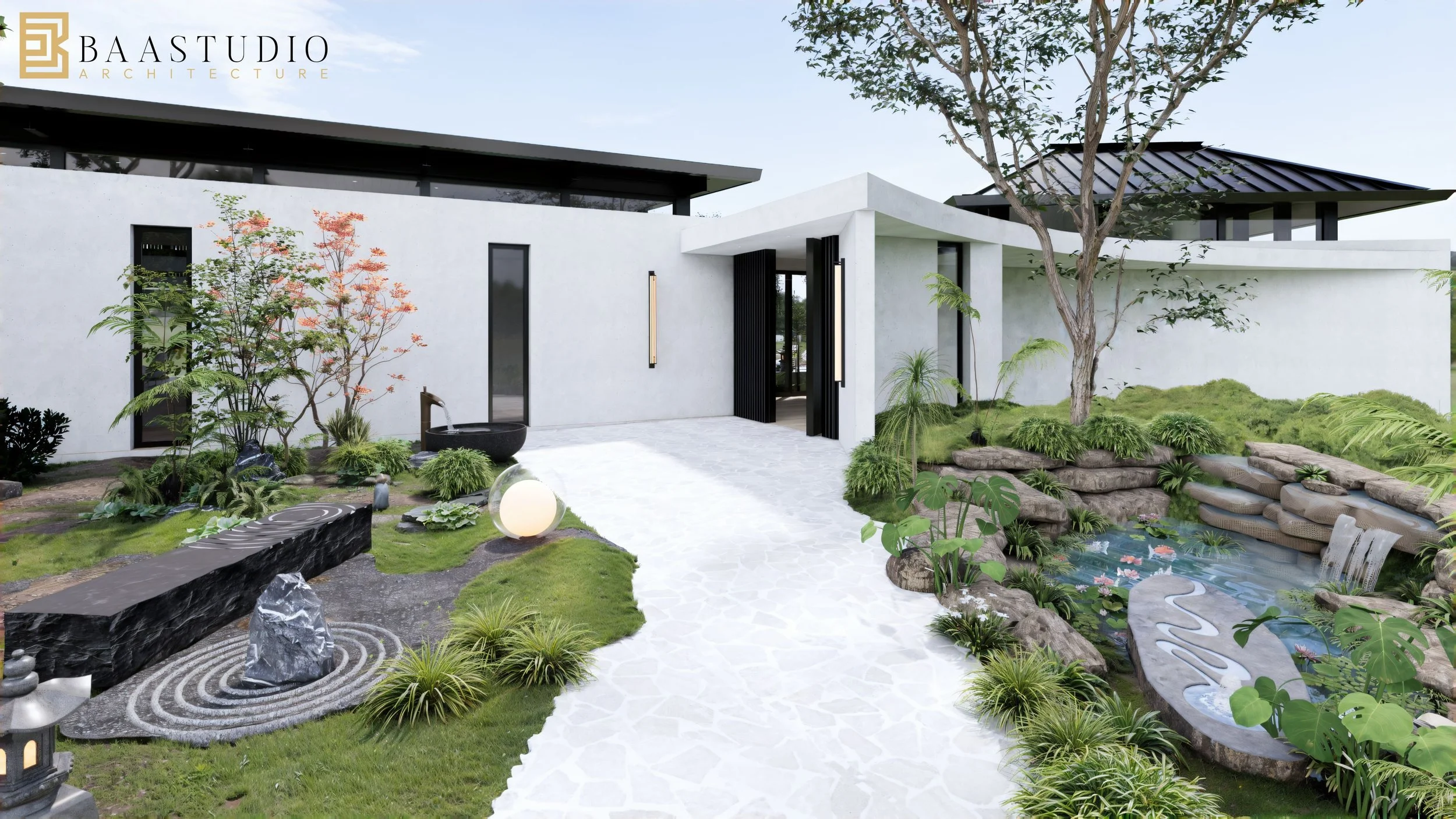 Modern house with white exterior walls, surrounded by lush greenery, decorative pond, and a Japanese-style garden with rocks and plants.