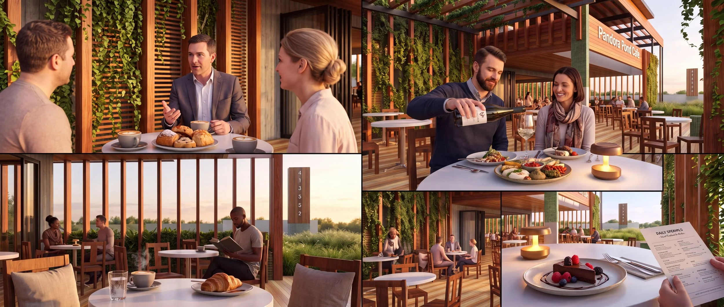 Multiple scenes from a modern outdoor rooftop cafe, featuring people enjoying breakfast and brunch, with greenery, wooden accents, and city views in the background.