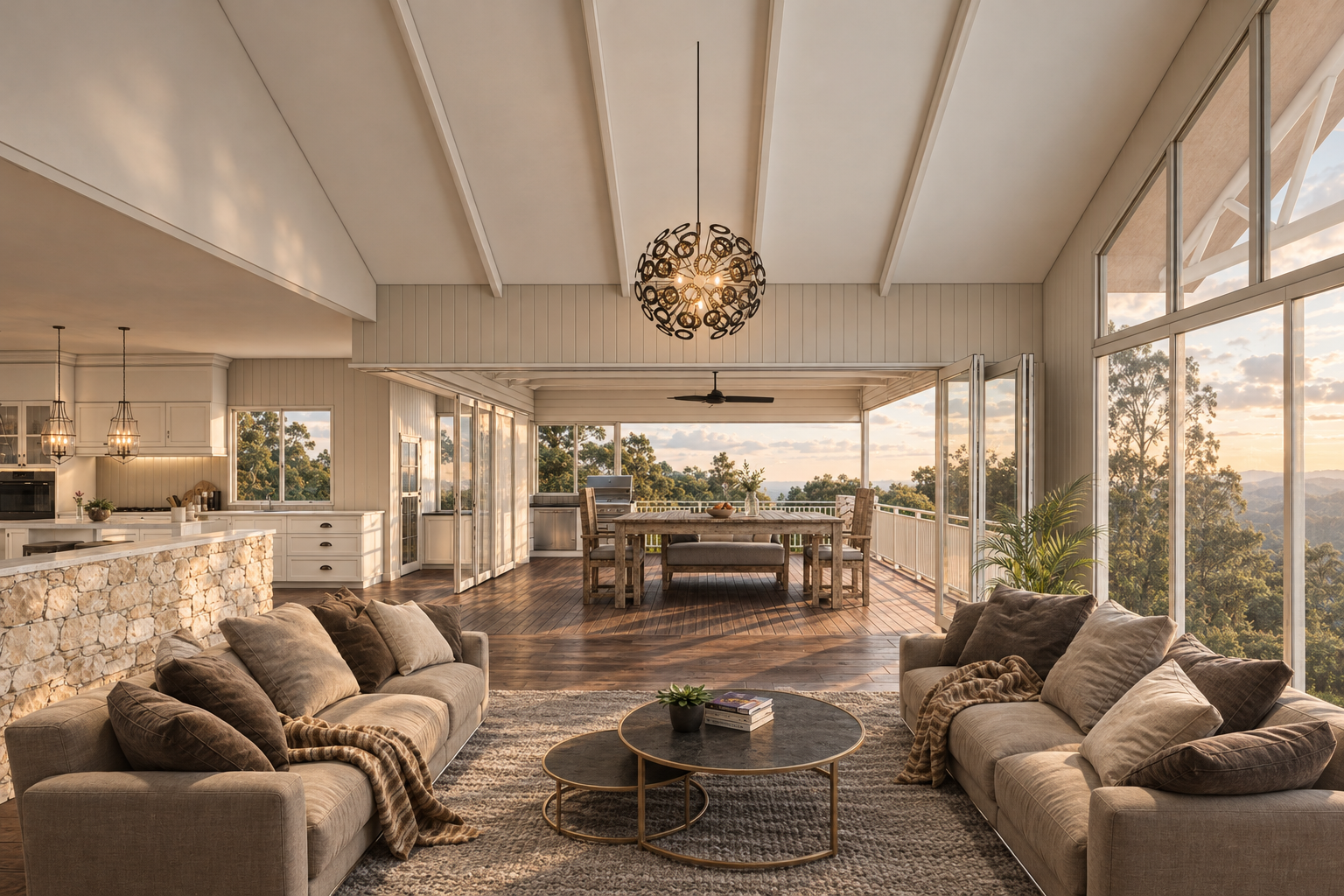 Living room with beige sofas, a coffee table, and large windows overlooking trees and a sunset.