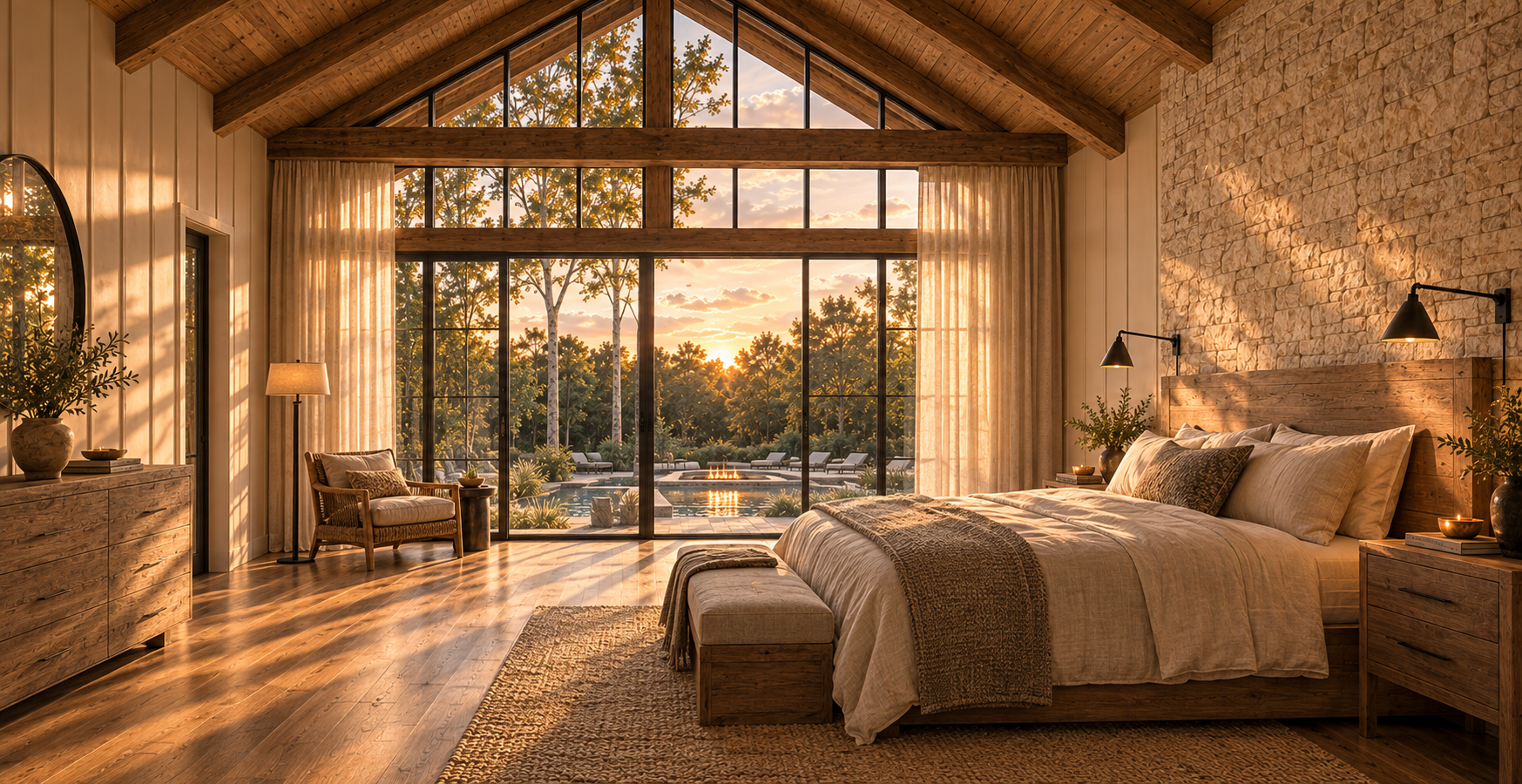 Rustic luxury bedroom with wood-beamed ceiling, stone accent wall, large windows, and sunset view of a pool and wooded landscape