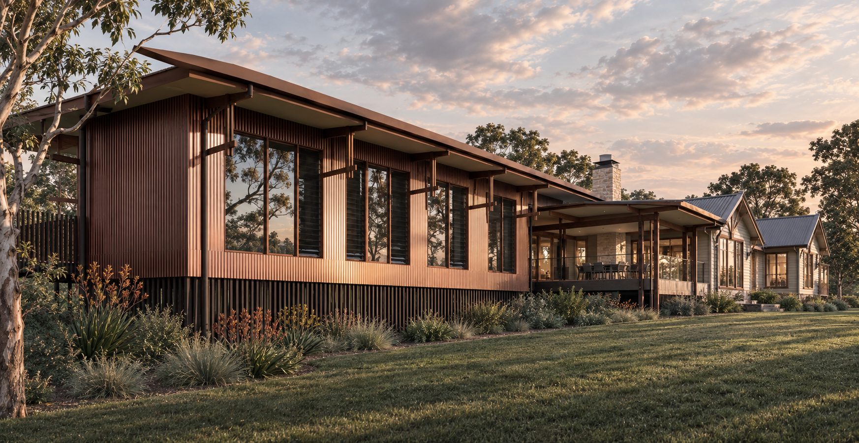 Modern residential house with large windows and a spacious porch, surrounded by a well-maintained lawn and landscaped garden, during sunset.