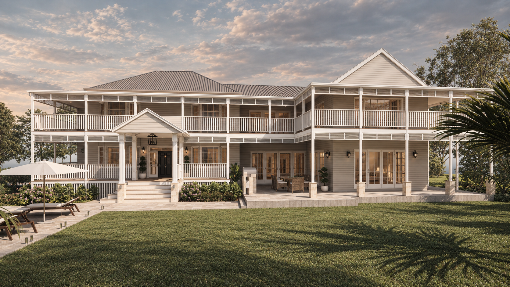 Large two-story gray house with wraparound verandas, white railings, landscaped garden, and outdoor seating under a cloudy sky