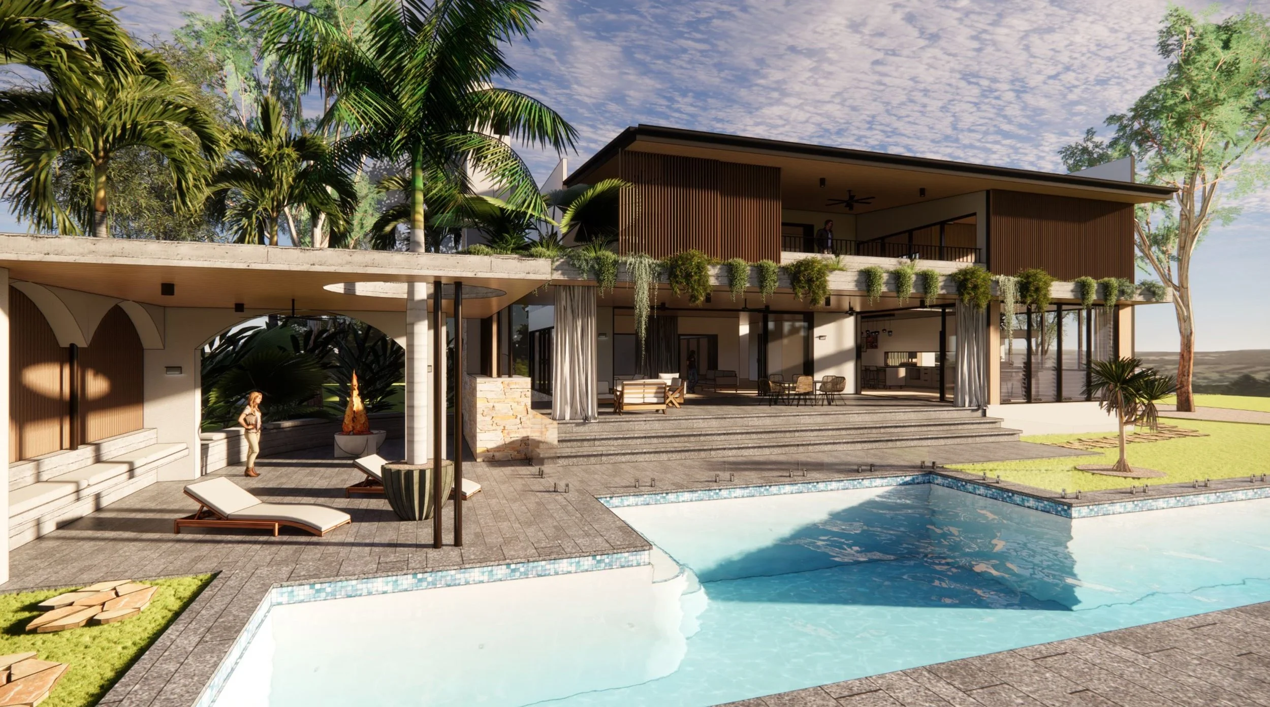 Modern house with outdoor pool, lounge chairs, and tropical trees under a partly cloudy sky.