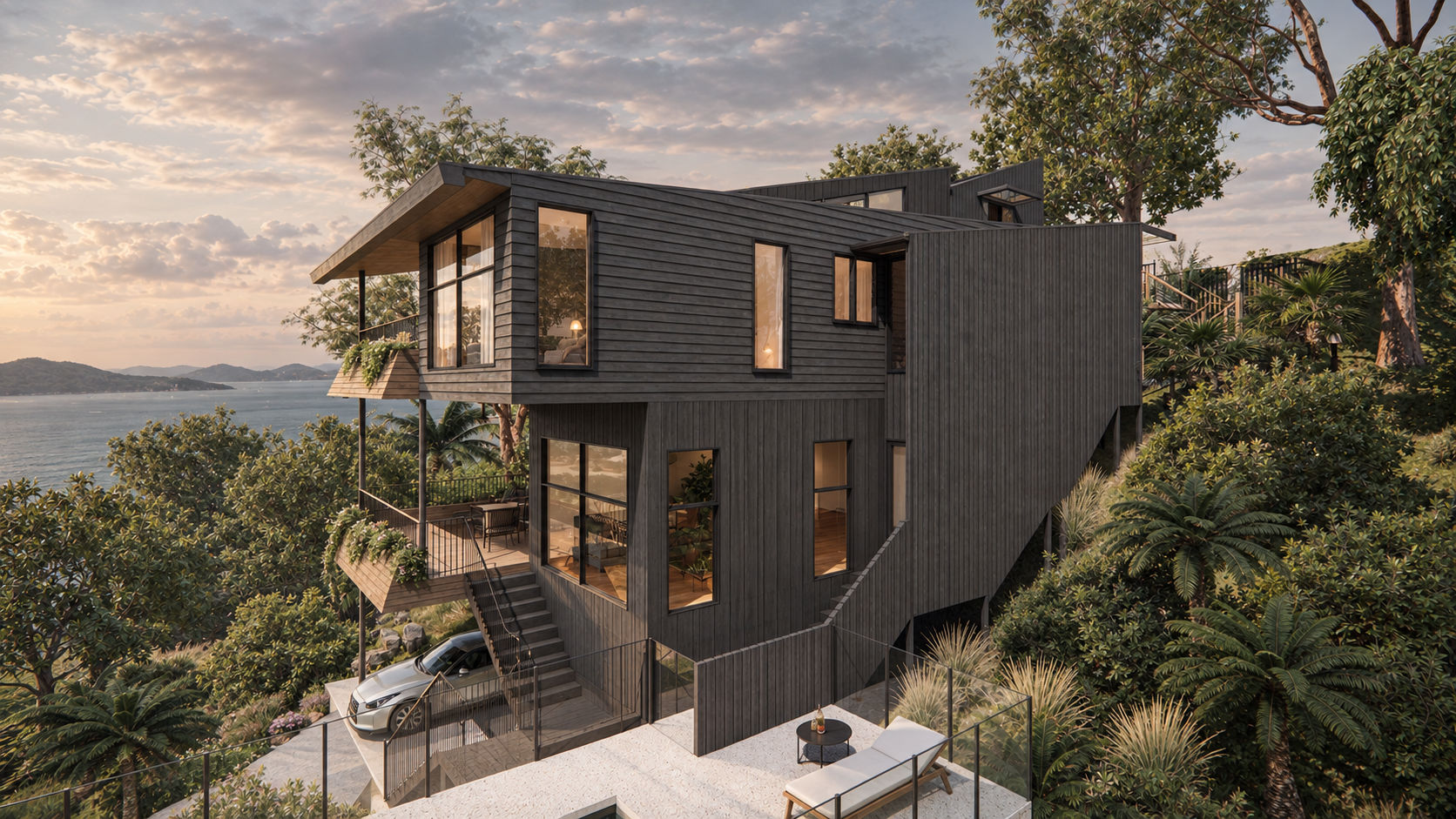 Modern black multi-story house on a hillside overlooking water, with large windows, balconies with plants, and an outdoor seating area with a lounge chair and small table, surrounded by lush greenery and trees at sunset.