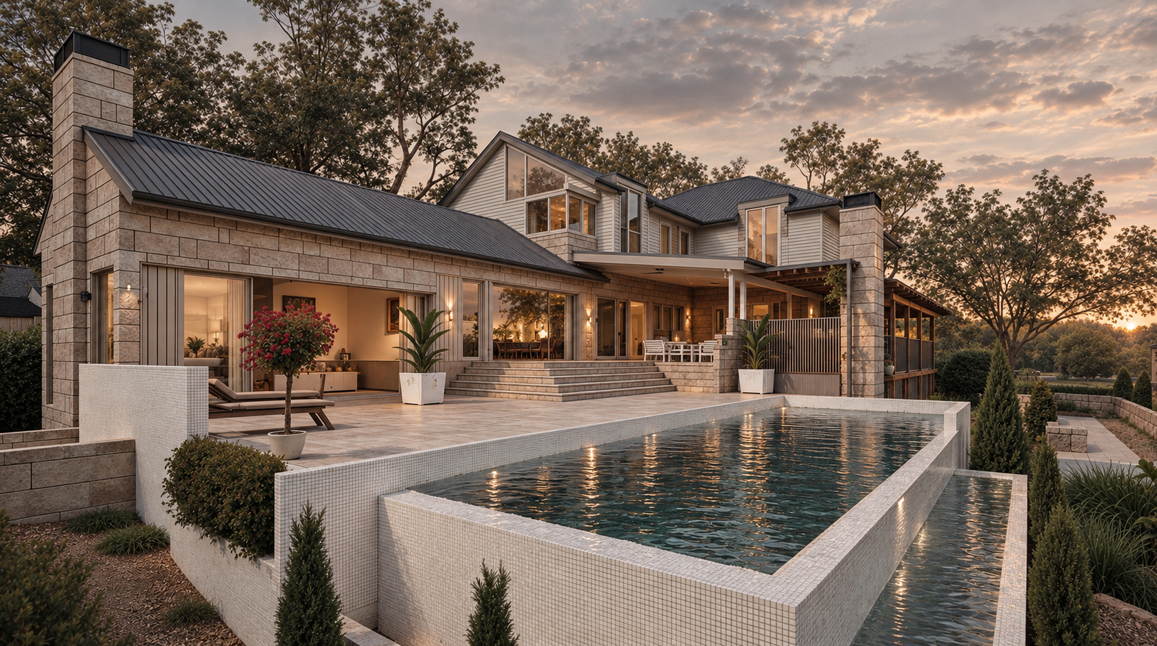 Luxury modern house at sunset with a large outdoor swimming pool, surrounded by trees and landscaped garden