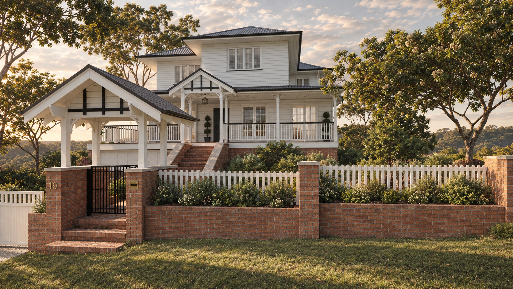 A large white house with black trim, surrounded by trees, with a brick and white picket fence, a front porch, and staircase leading to the front door, under a sunset sky.