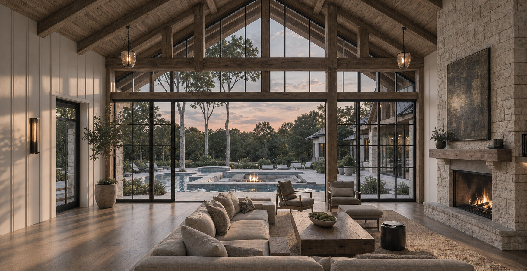 Luxurious great room with exposed wood beams, stone fireplace, large windows, swimming pool, and outdoor fire pit at sunset