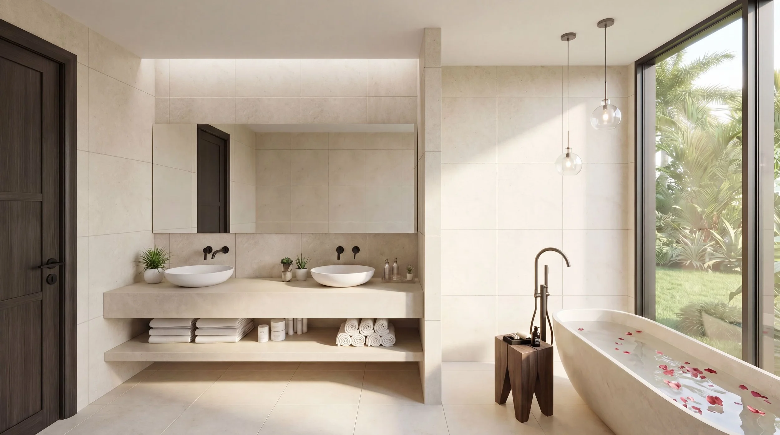 Modern bathroom with beige tile walls, white double sink vanity with round vessel sinks, black faucets, and a large mirror. There are small plants and towels on the vanity. To the right, a freestanding bathtub with rose petals and a window with a vie