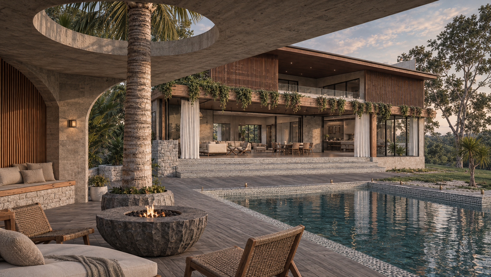 Luxury modern house with outdoor living area, swimming pool, and firepit surrounded by lush greenery and trees at sunset.