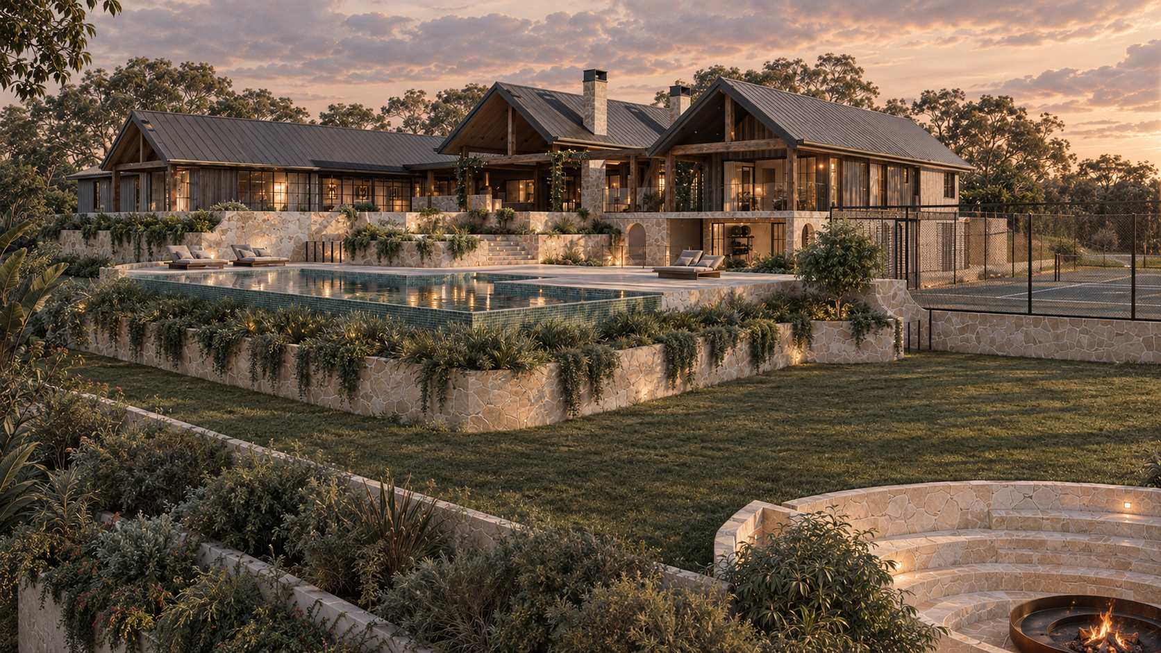 Luxury modern farmhouse with a swimming pool, landscaped stone terraces, tennis court, and fire pit at sunset