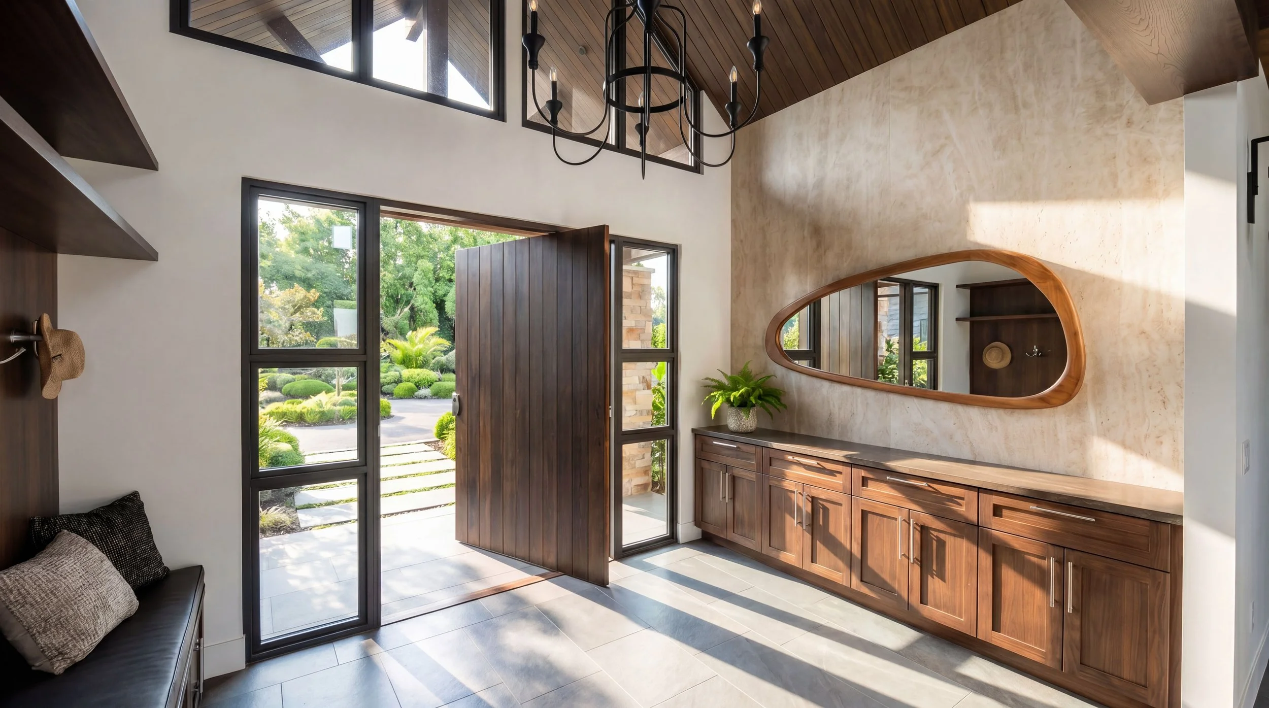 Entryway with open front door leading outside to a garden, large window, wooden ceiling, chandelier, oval mirror, wooden cabinets with a potted plant, and a bench with pillows.