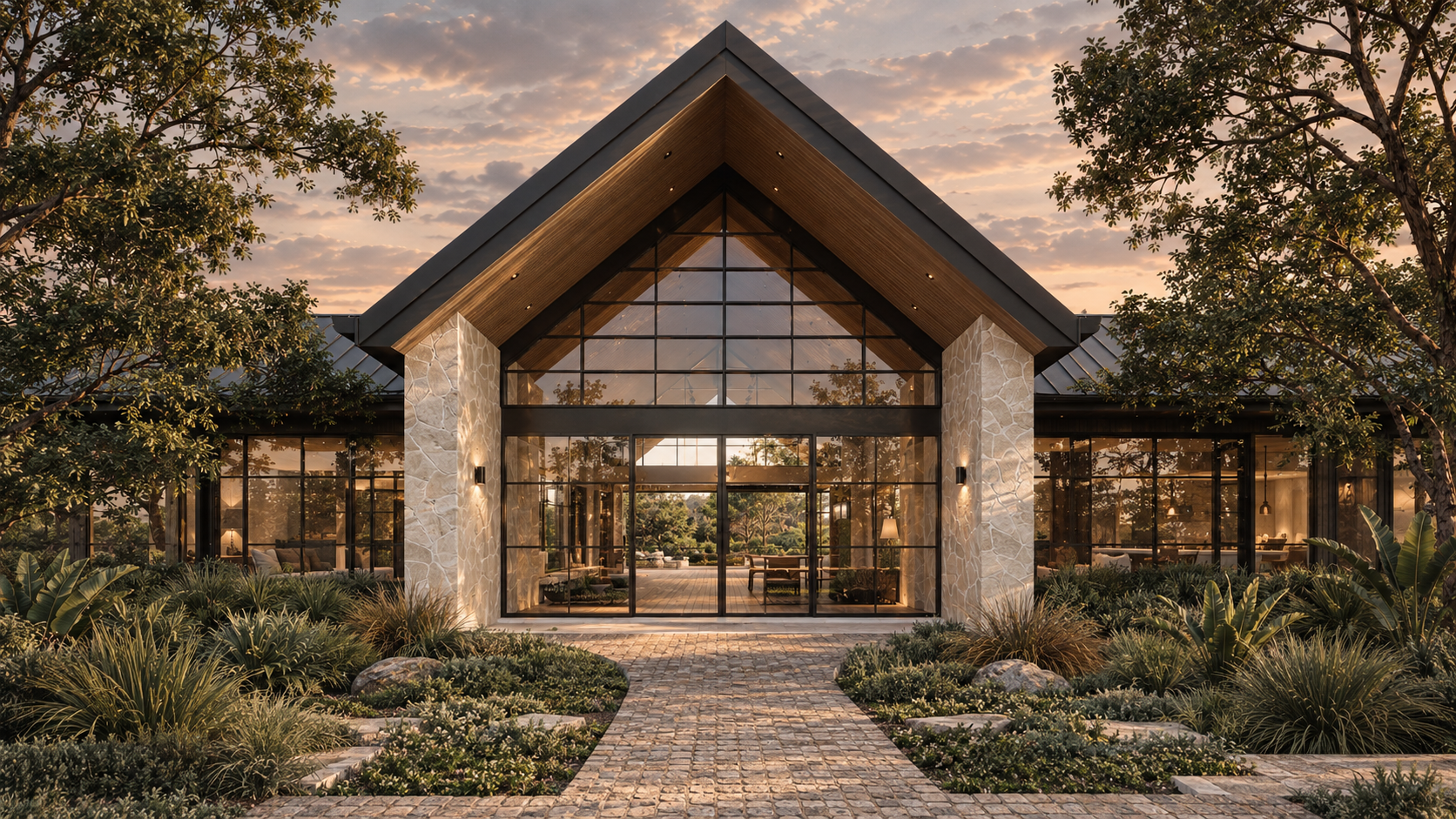 Modern lodge-style home with a steep gabled roof, stone columns, glass walls, and landscaped garden at sunset