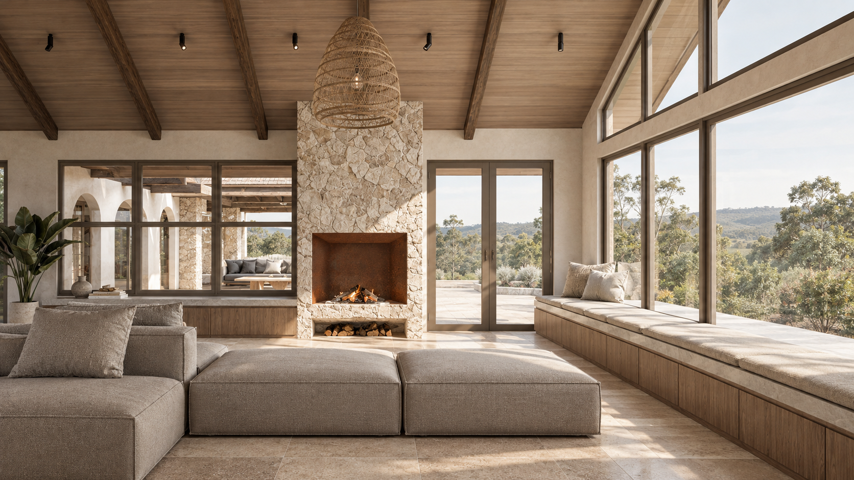 Sunlit modern living room with stone fireplace, sectional sofa, oversized windows, and mountain views