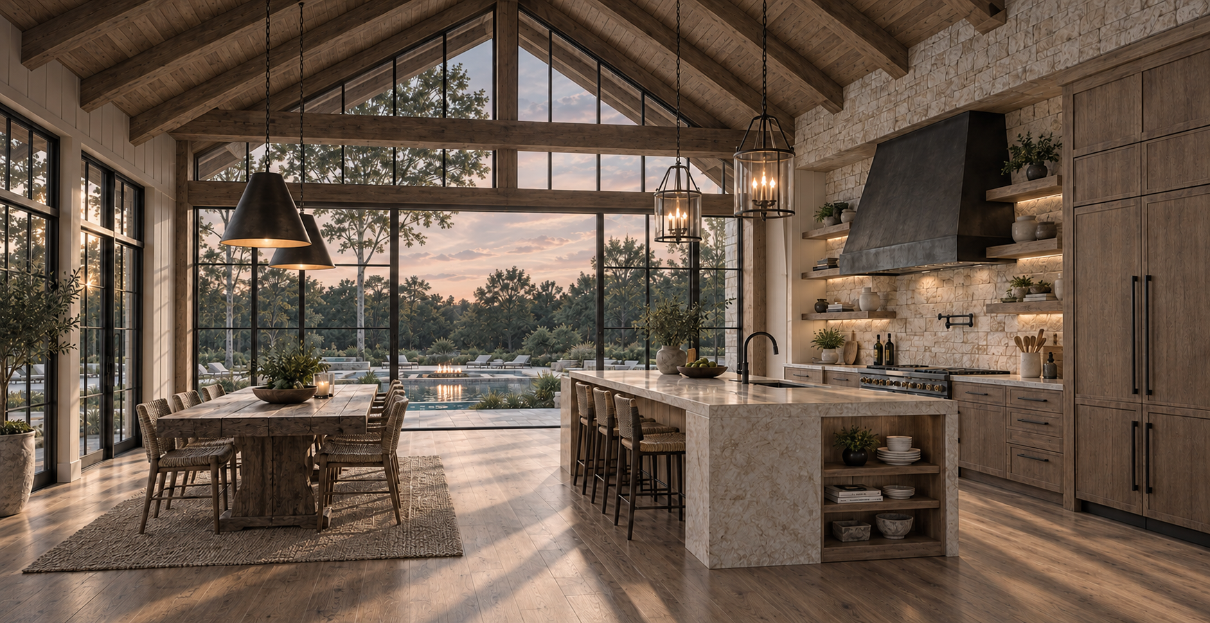 Luxury rustic-modern kitchen and dining area with exposed wood beams, stone fireplace wall, large windows, island, and outdoor pool view at sunset