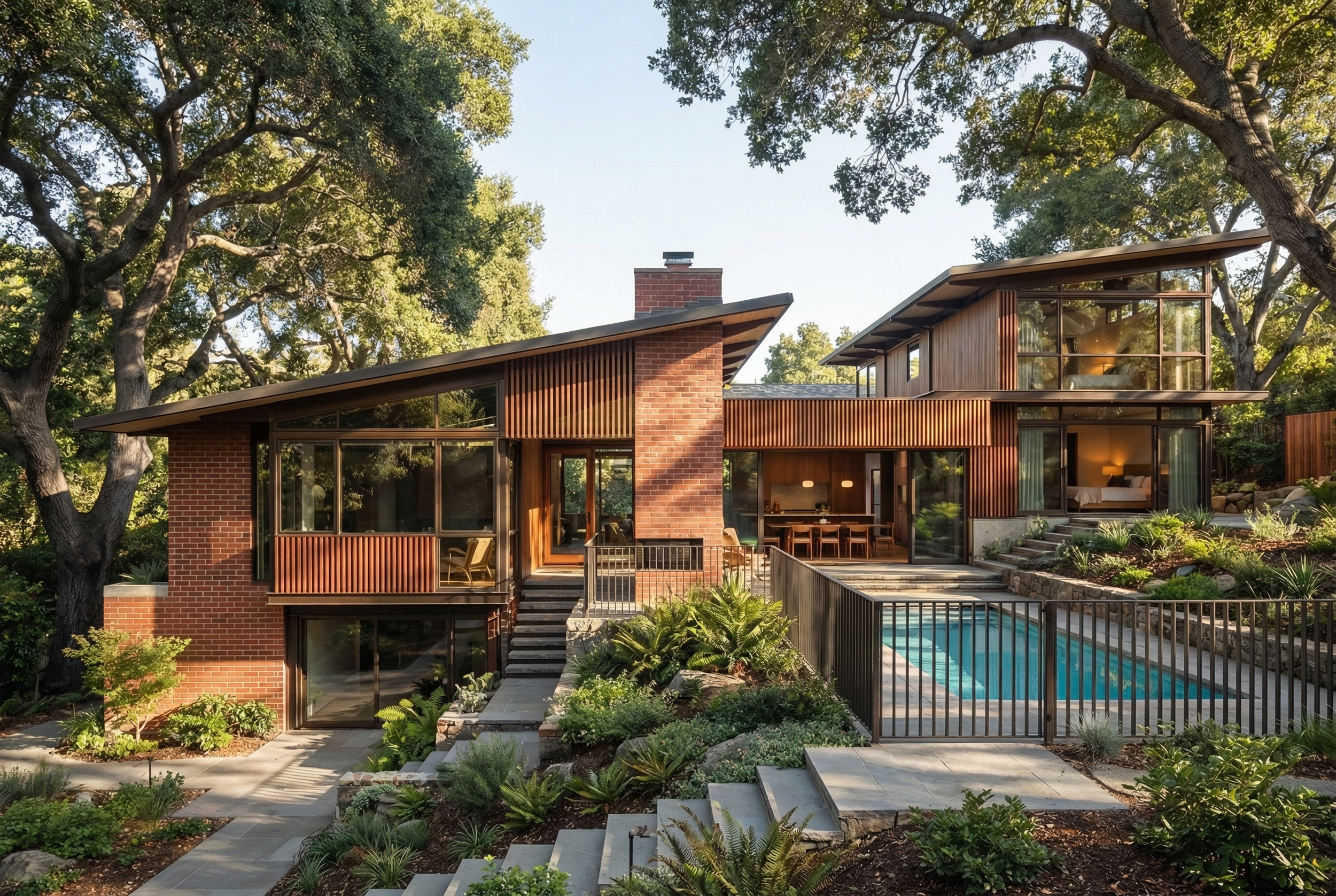 Mid-century modern, warm materials, designed for the site