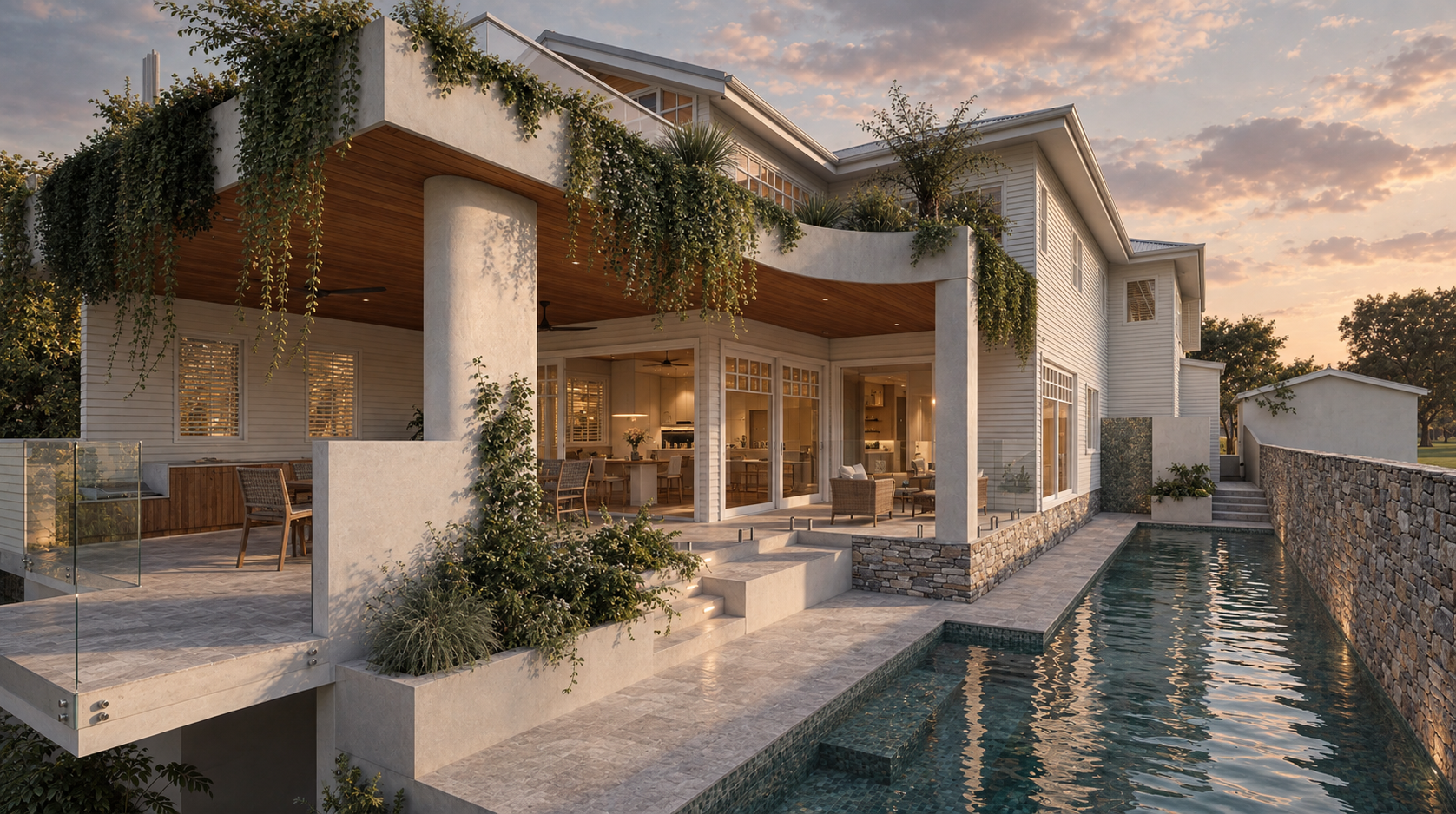 Modern house with a swimming pool and outdoor patio at sunset, featuring lush greenery and large windows.