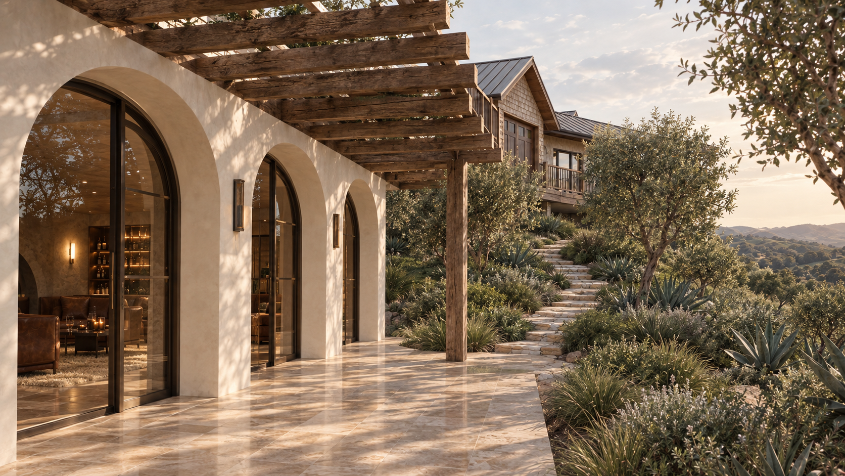A modern house with arched glass doors, a wooden pergola, and a stone staircase leading to a hillside garden with desert plants and trees during sunset.