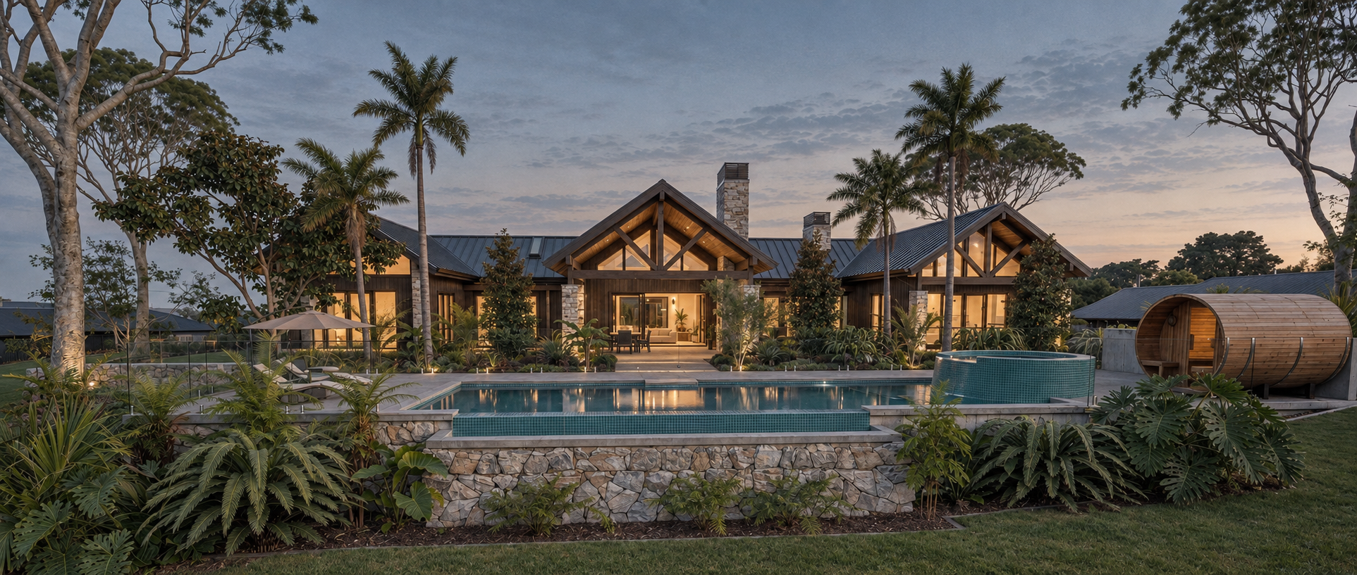 Luxury house with large backyard, swimming pool, hot tub, and lush tropical landscaping, illuminated during dusk.