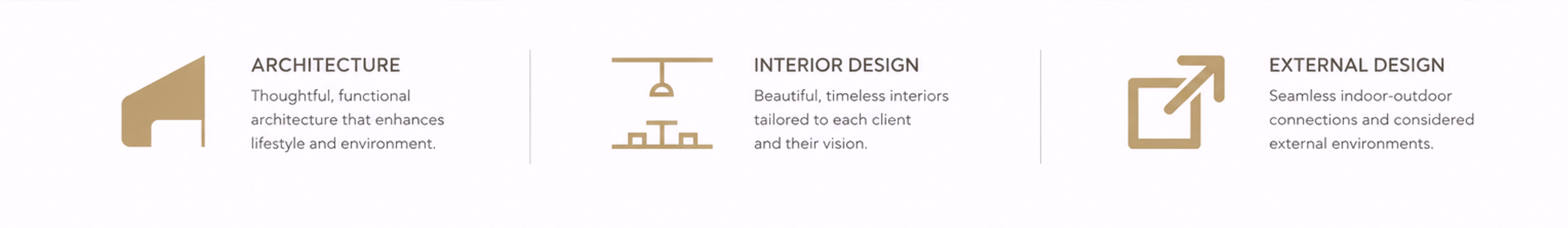 Infographic highlighting three design services: architecture, interior design, and external design, with icons and descriptions for each.