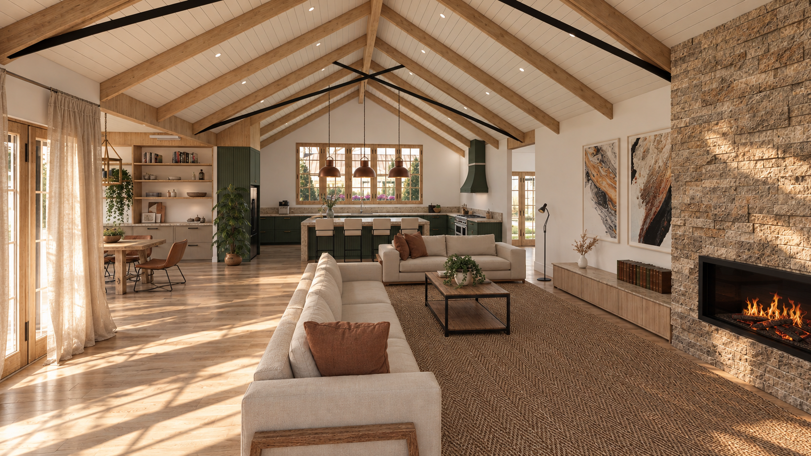 Sunlit open-concept living room and kitchen with exposed wood beams, stone fireplace, sofas, island, and dining area
