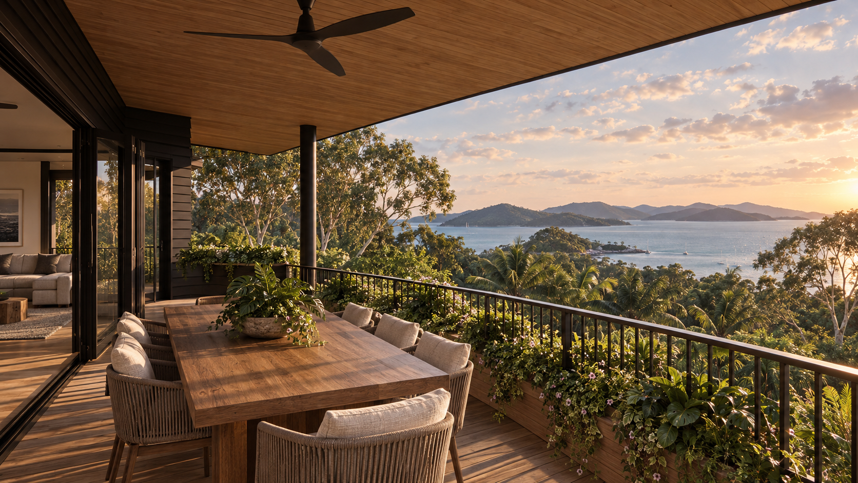 A spacious balcony with a wooden dining table and cushioned chairs overlooking a lush landscape, ocean, and distant islands during sunset.