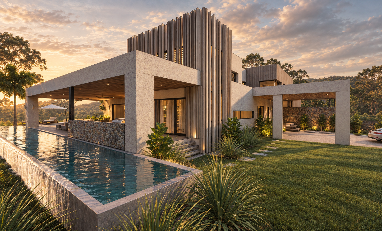 Modern house with pool and lush landscaping at sunset