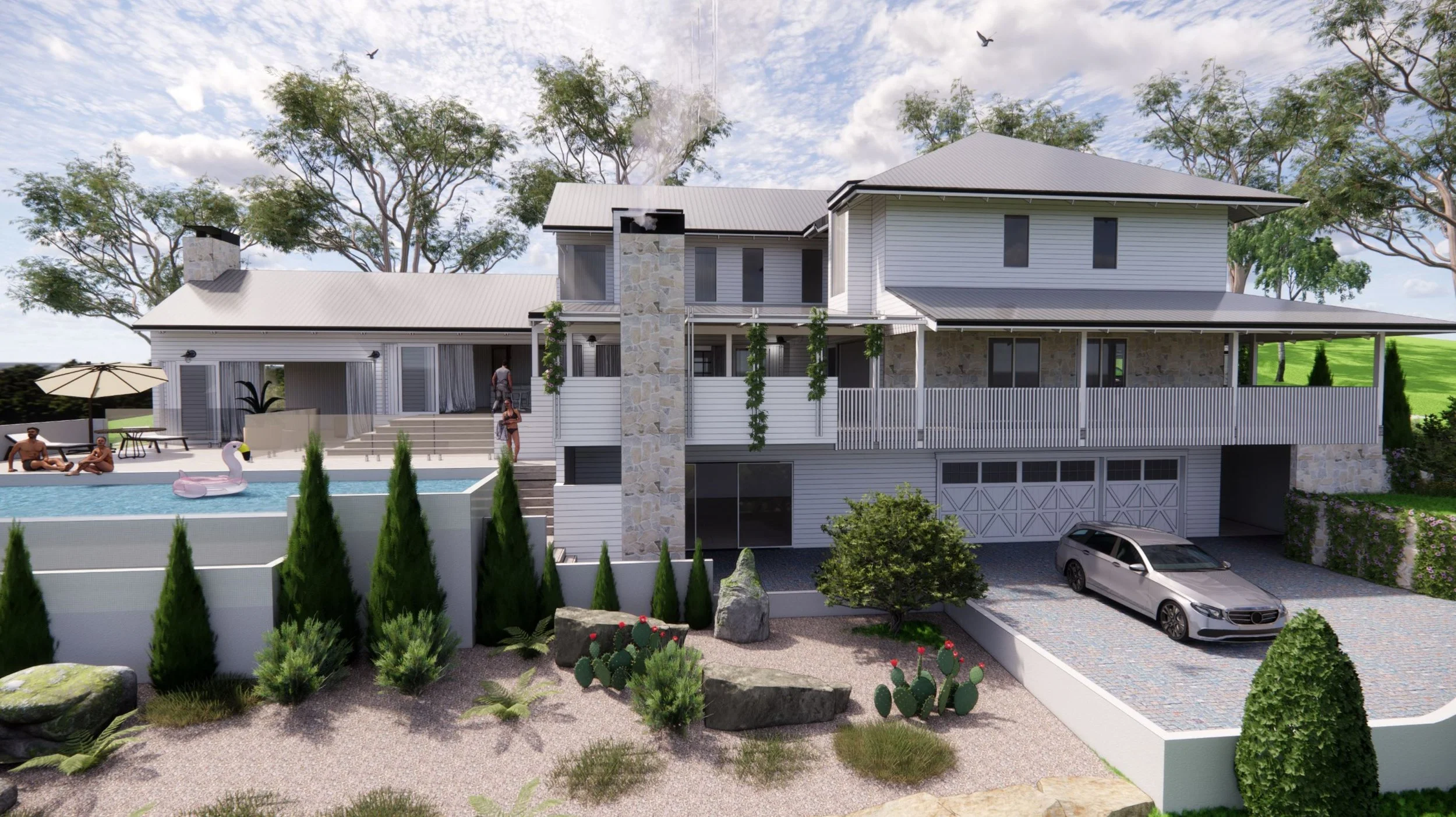Modern multi-story house with a front driveway, a garage, and a backyard with a pool, pool float, lounge chairs, and outdoor umbrellas. Trees, shrubs, and landscaping surround the property.