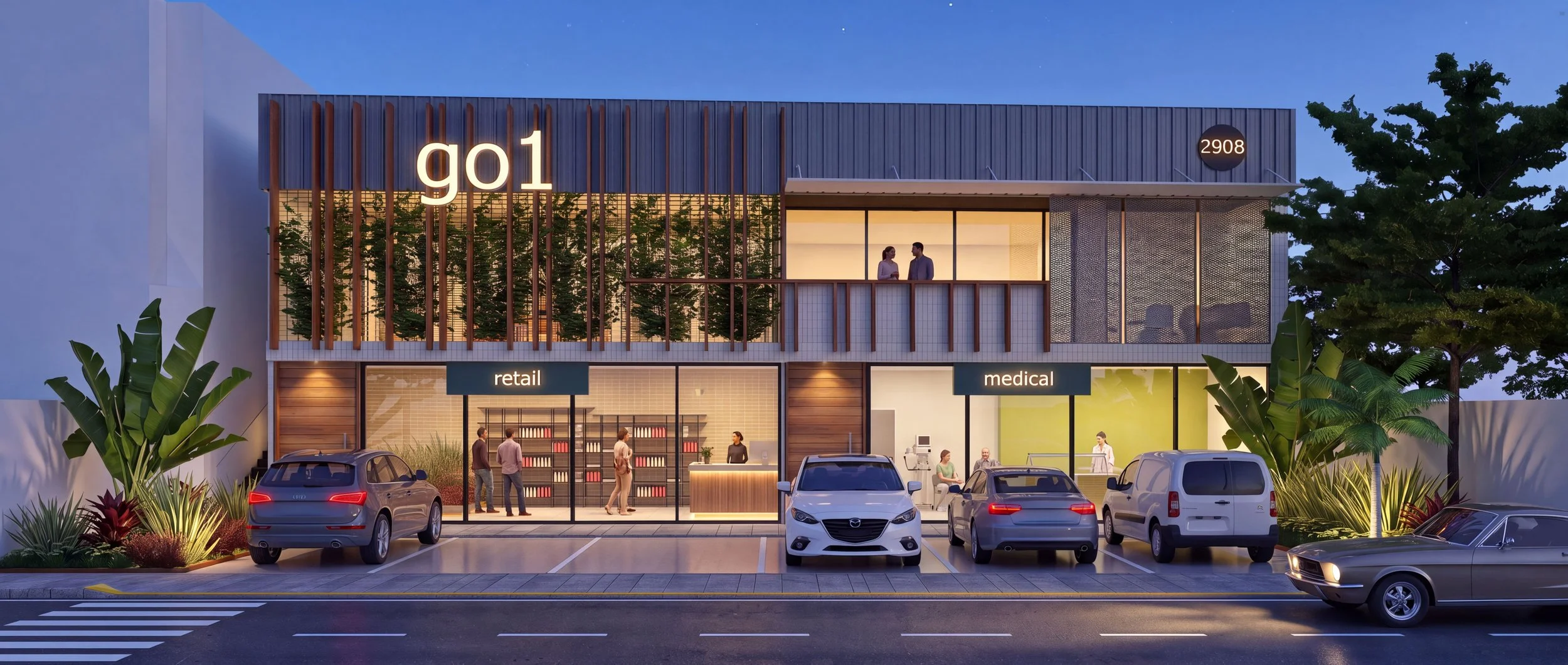 Modern two-story commercial building with retail and medical offices, parking lot with cars, and people inside and outside. The building has a sign with the number 2908 and the word 'go1' on it, with a landscaped area with plants and trees in front.