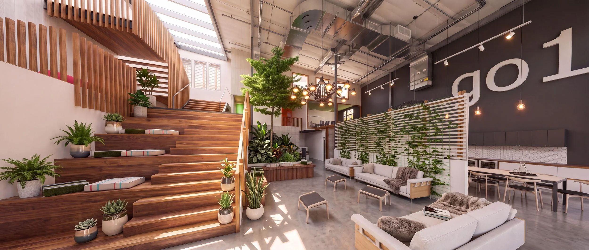 Modern, spacious indoor lounge area with wooden and white furniture, green plants, a large tree, and industrial-style ceiling design.