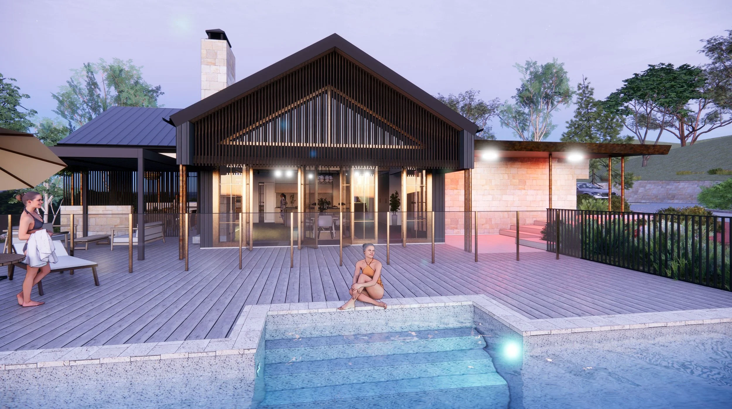 A modern house with a wooden deck, a small pool, and outdoor seating, during evening with people relaxing and enjoying the outdoor space, with trees and a hill in the background.