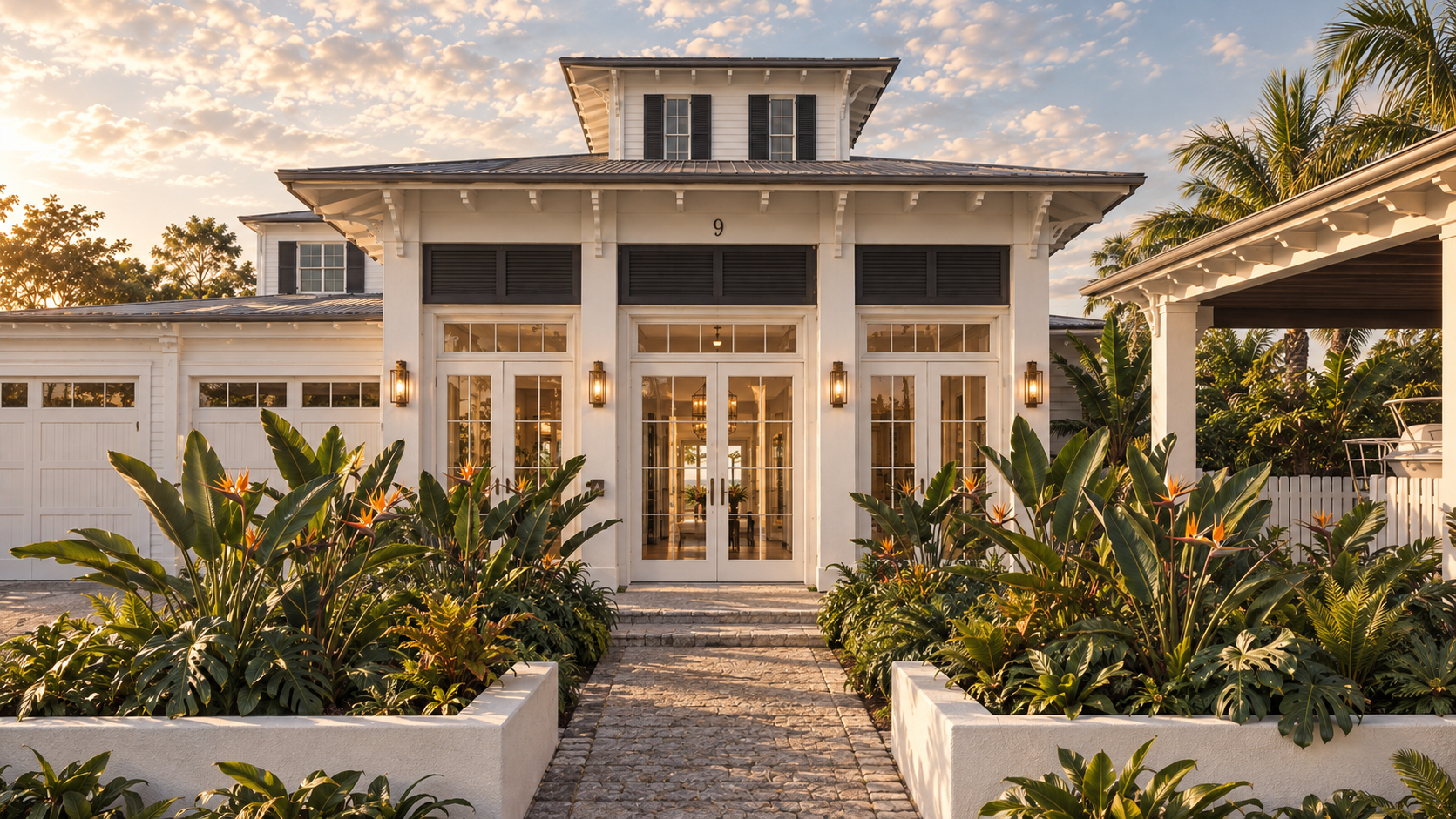 White tropical-style house with black shutters, glass double doors, lush landscaping, and bird-of-paradise flowers at sunset