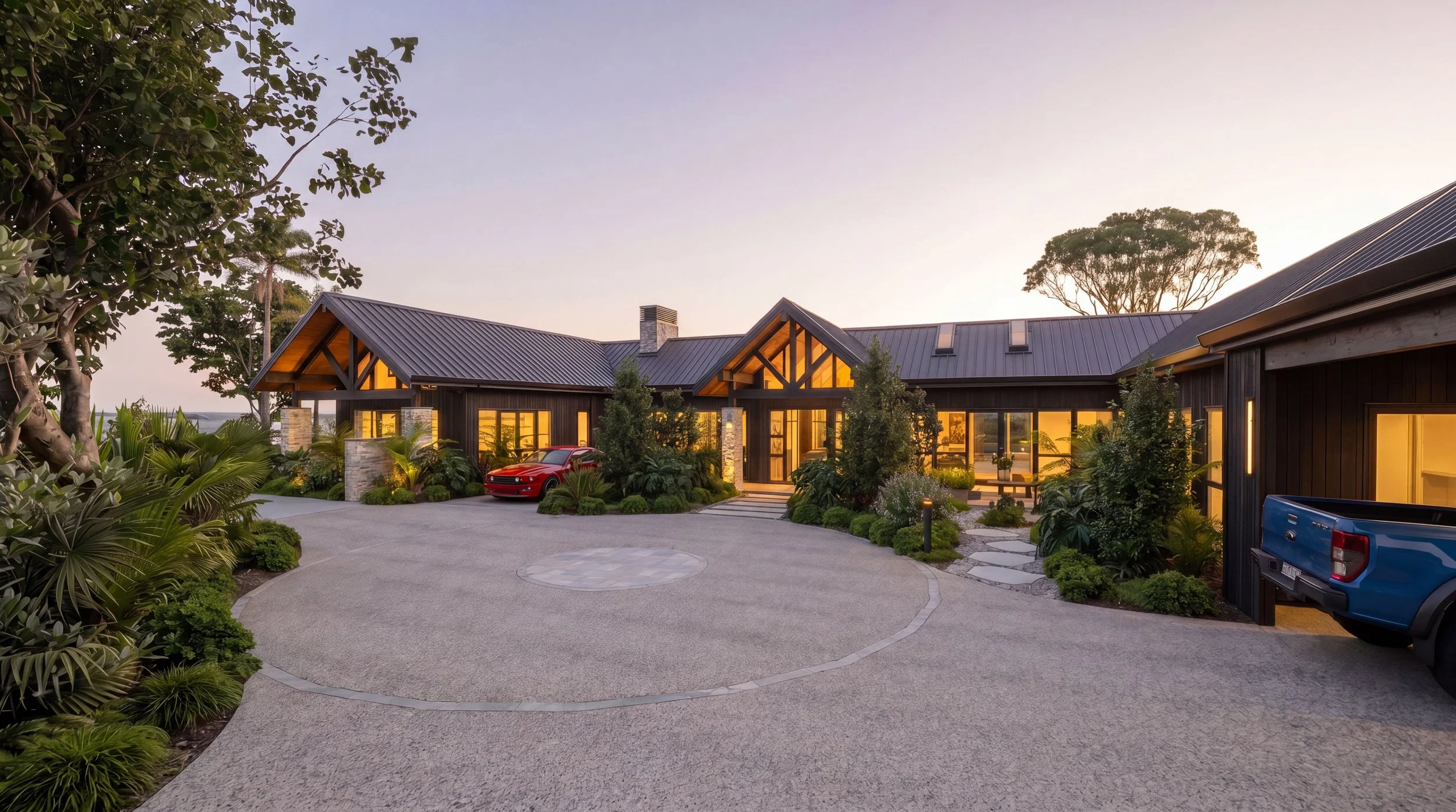 A modern house with large windows and a metal roof, surrounded by landscaped greenery, with a red sports car parked in the driveway and warm lighting glowing from inside, during dusk.