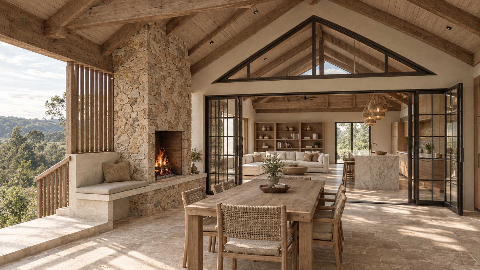 Rustic luxury mountain home interior with stone fireplace, wood-beam ceiling, dining table, open kitchen, and panoramic forest views