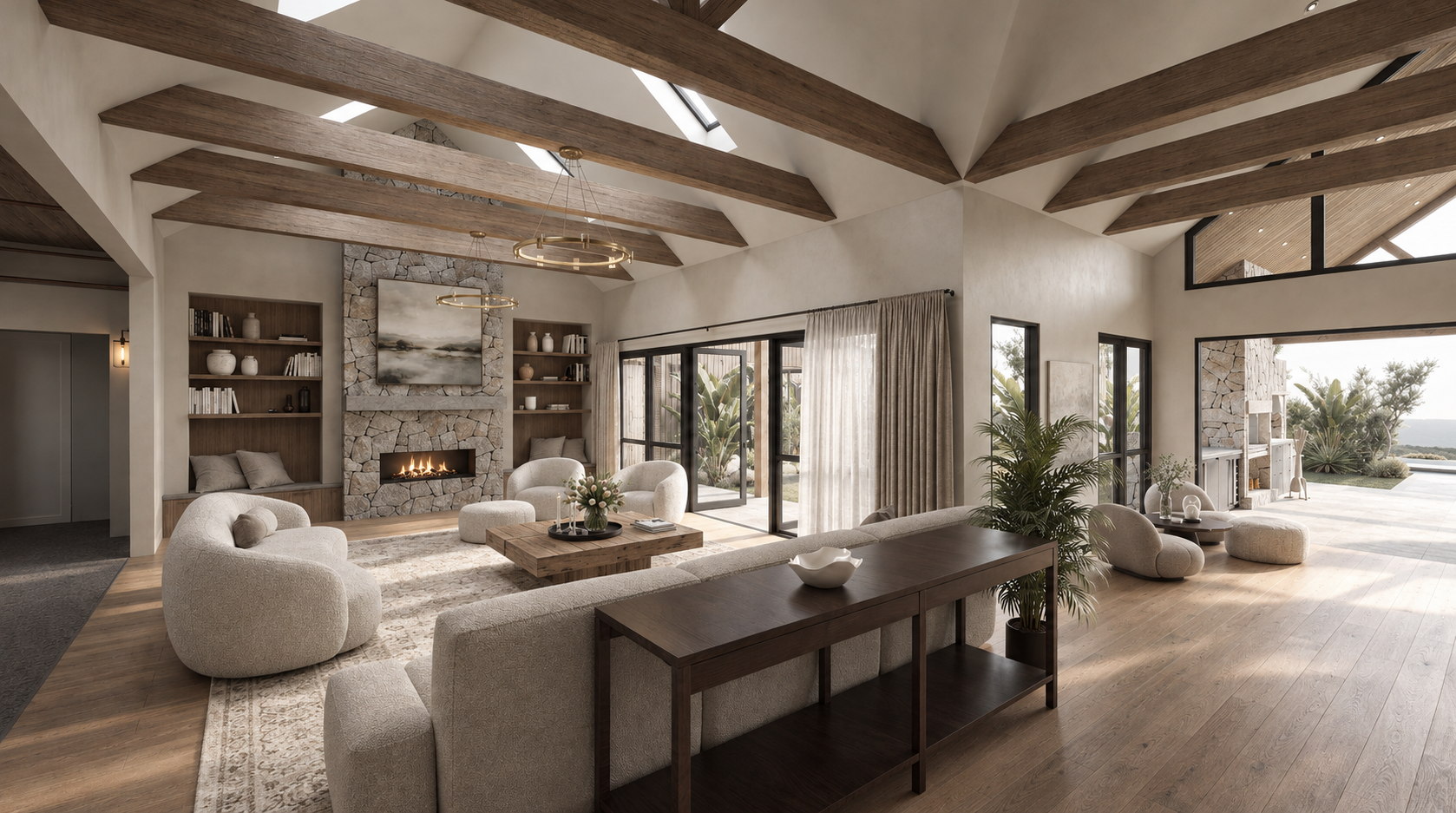 Luxurious modern living room with exposed wood beams, stone fireplace, built-in bookshelves, neutral furnishings, and expansive windows overlooking the outdoors