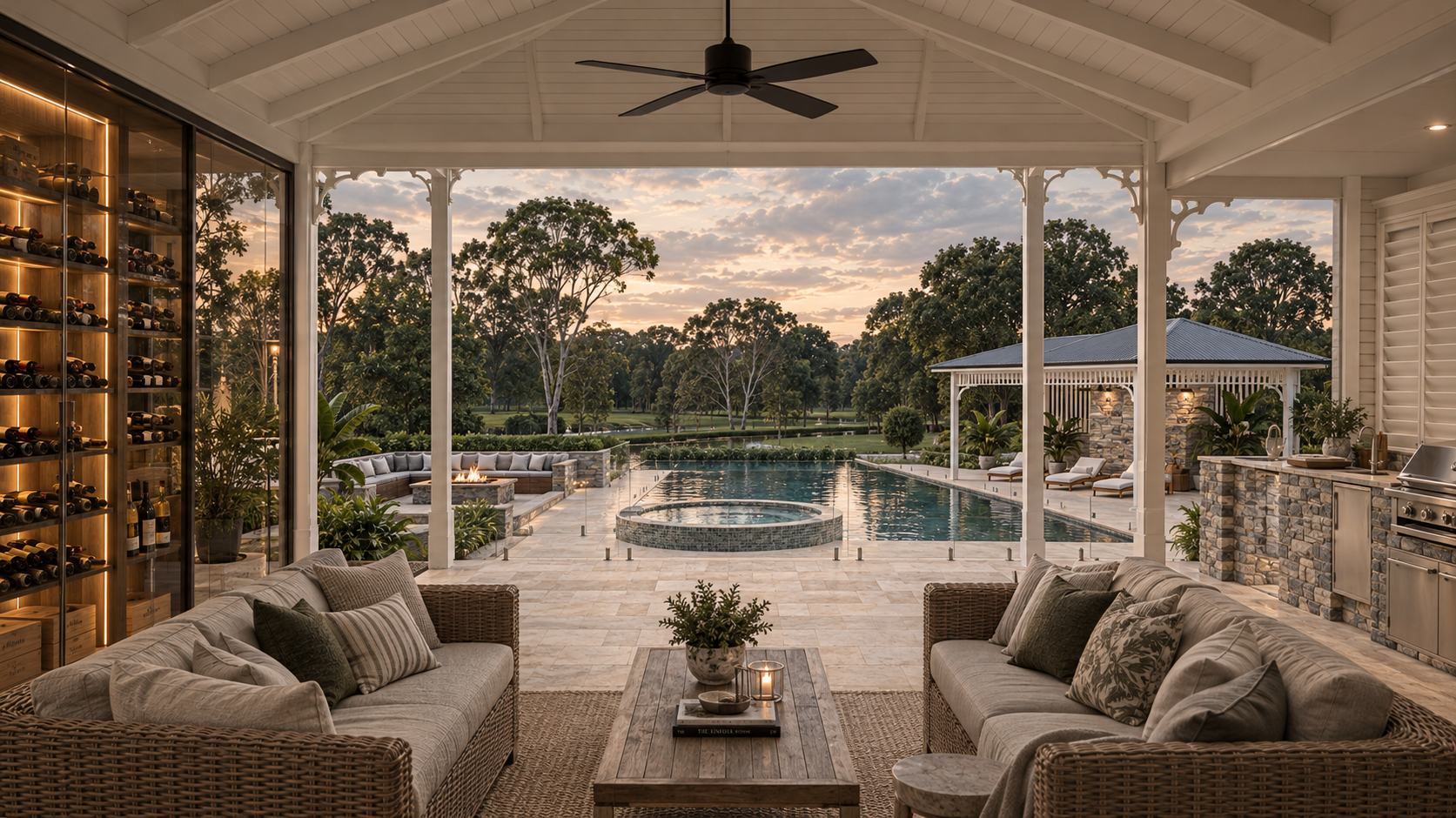 Exterior view of a luxurious backyard with a pool, hot tub, and a covered outdoor kitchen and seating area, all surrounded by trees at sunset.