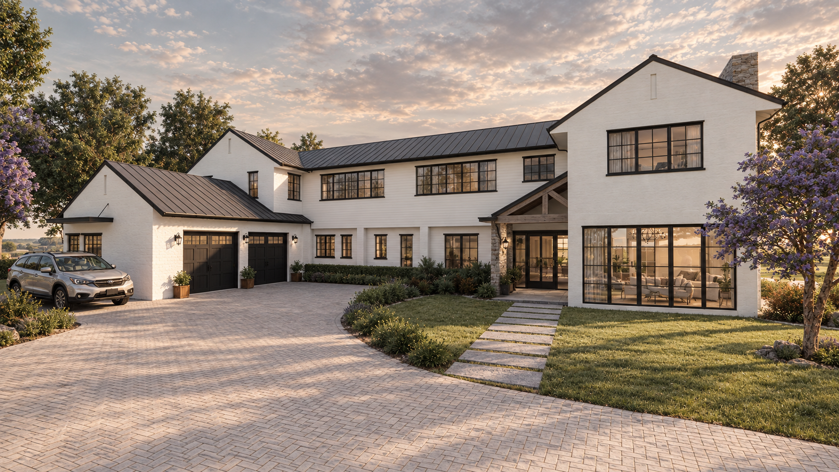 A large modern white house with black accents, a landscaped yard, paved driveway, and a parked silver SUV during sunset.