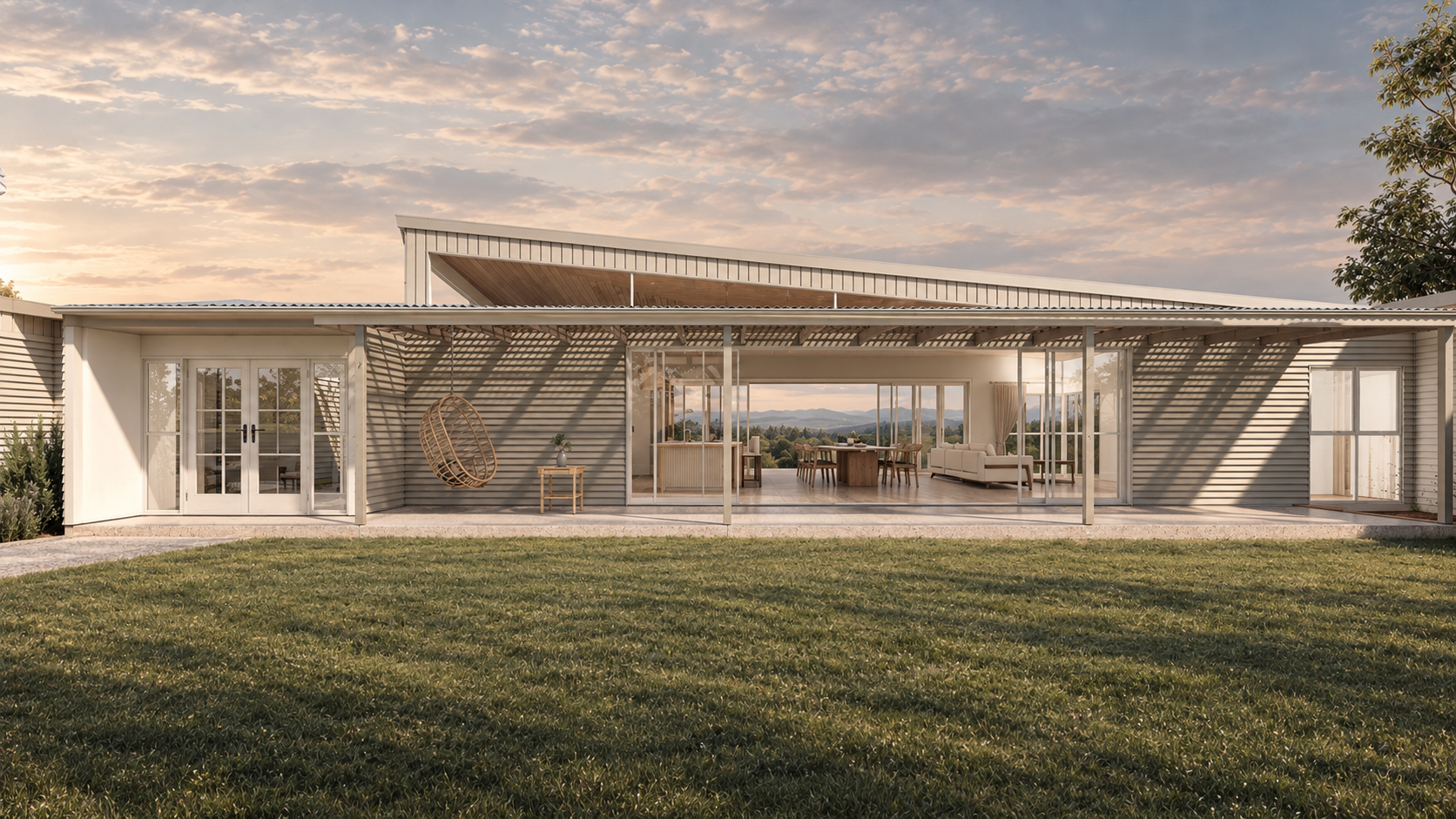 Modern house with large glass windows and sliding doors, overlooking a grassy lawn with a scenic mountain view under a cloudy sky at sunset.