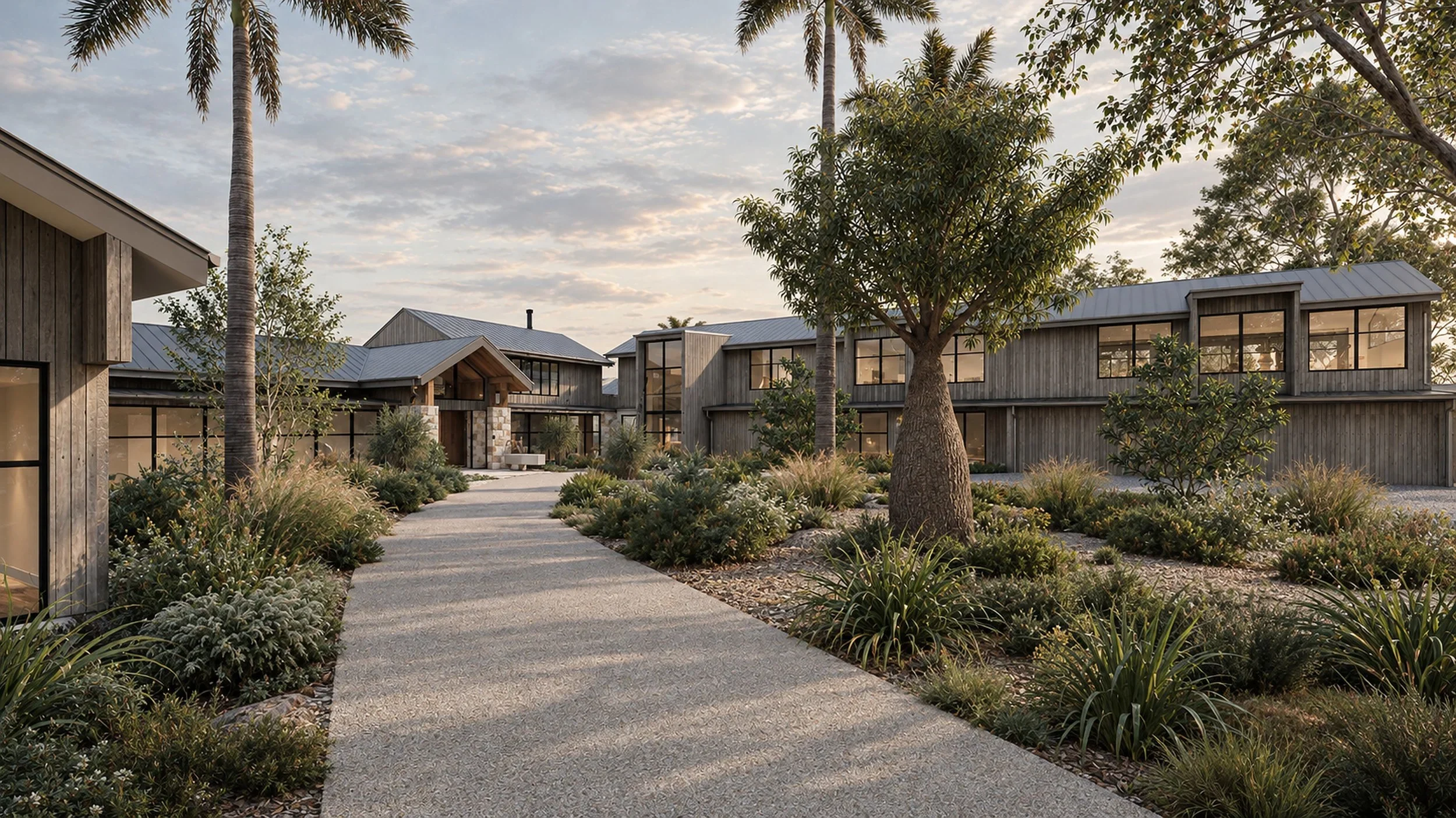 Modern wood-clad homes with metal roofs, landscaped gardens, and palm trees along a concrete walkway at sunset