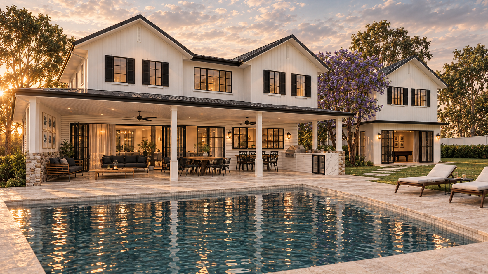Luxury two-story white house with a pool, outdoor seating area, and lush landscaping at sunset.