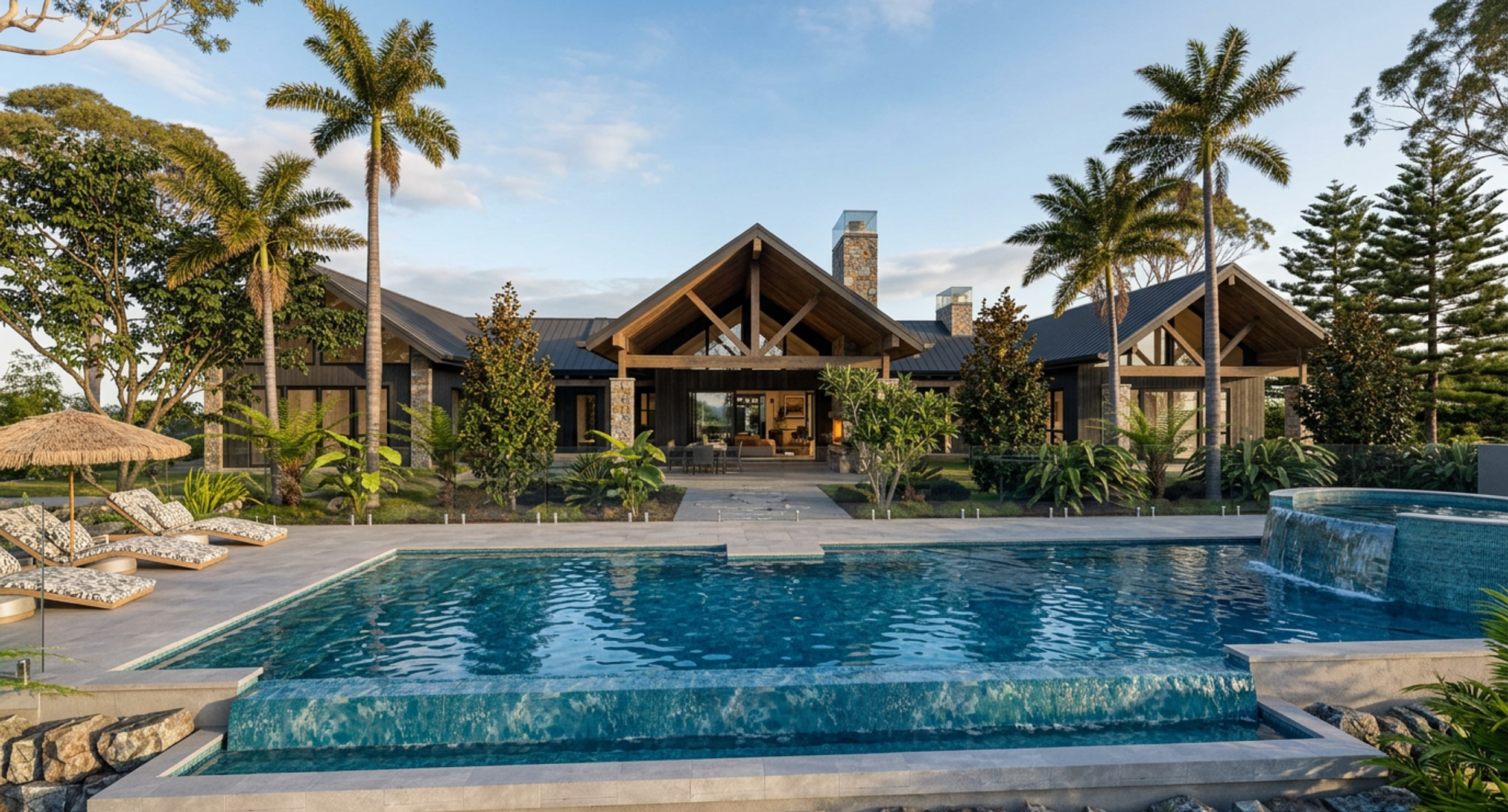 Modern house with wooden and stone exterior, tropical landscaping, a swimming pool in the foreground, and tall palm trees against a blue sky.