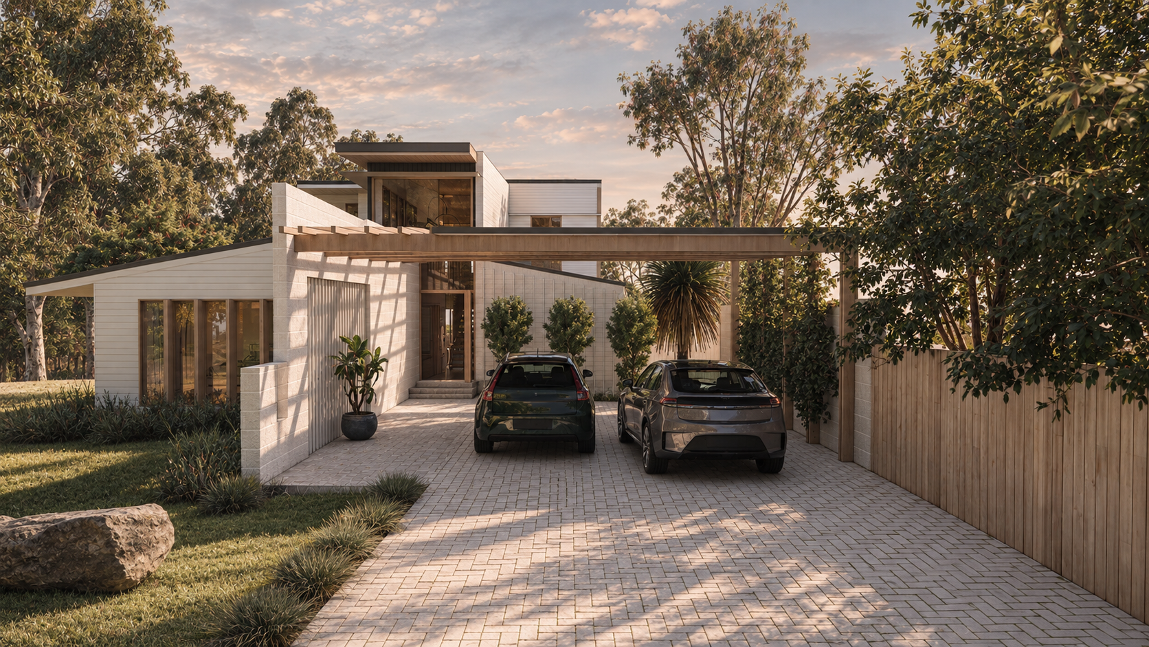 Modern house with a driveway, two parked cars, and lush green trees in the background during sunset.